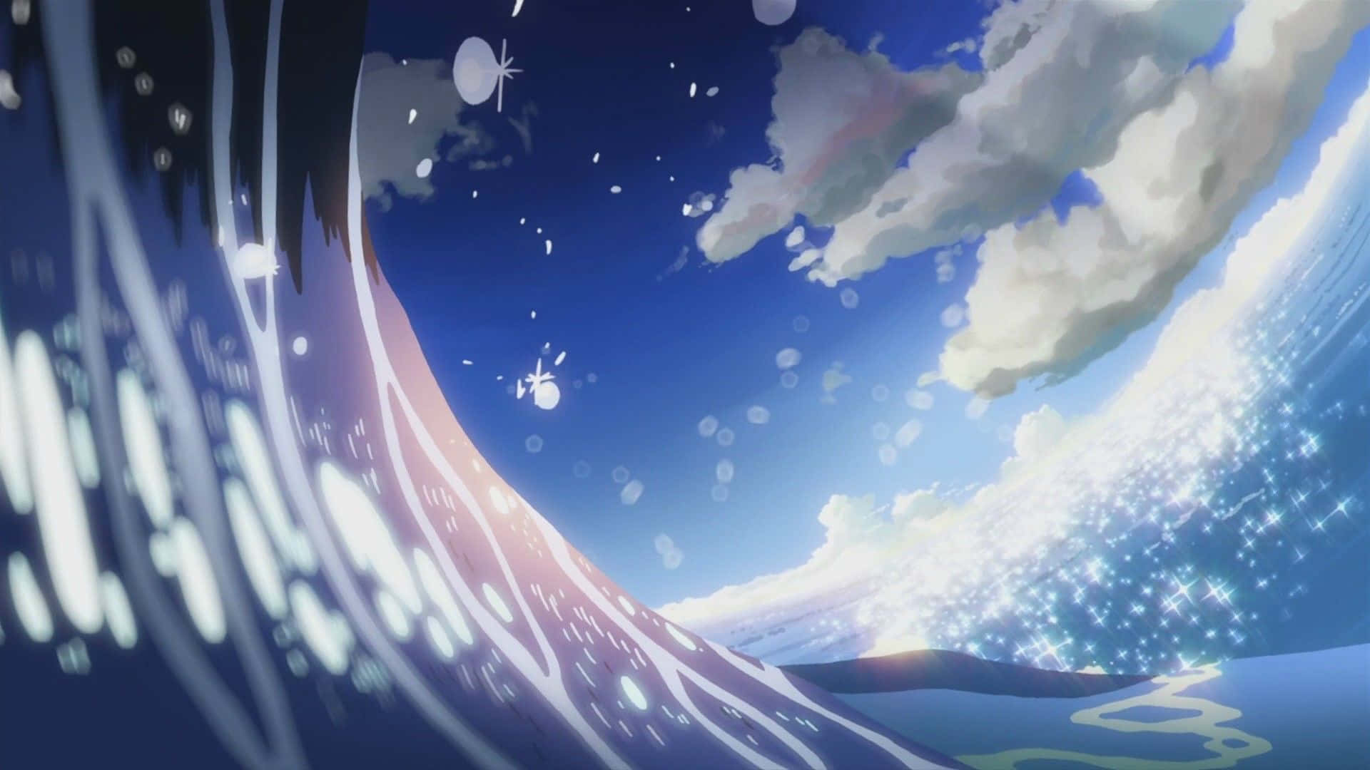 blue anime aesthetic desktop, Ocean Wave, sparkling sky, Full HD Desktop Wallpaper