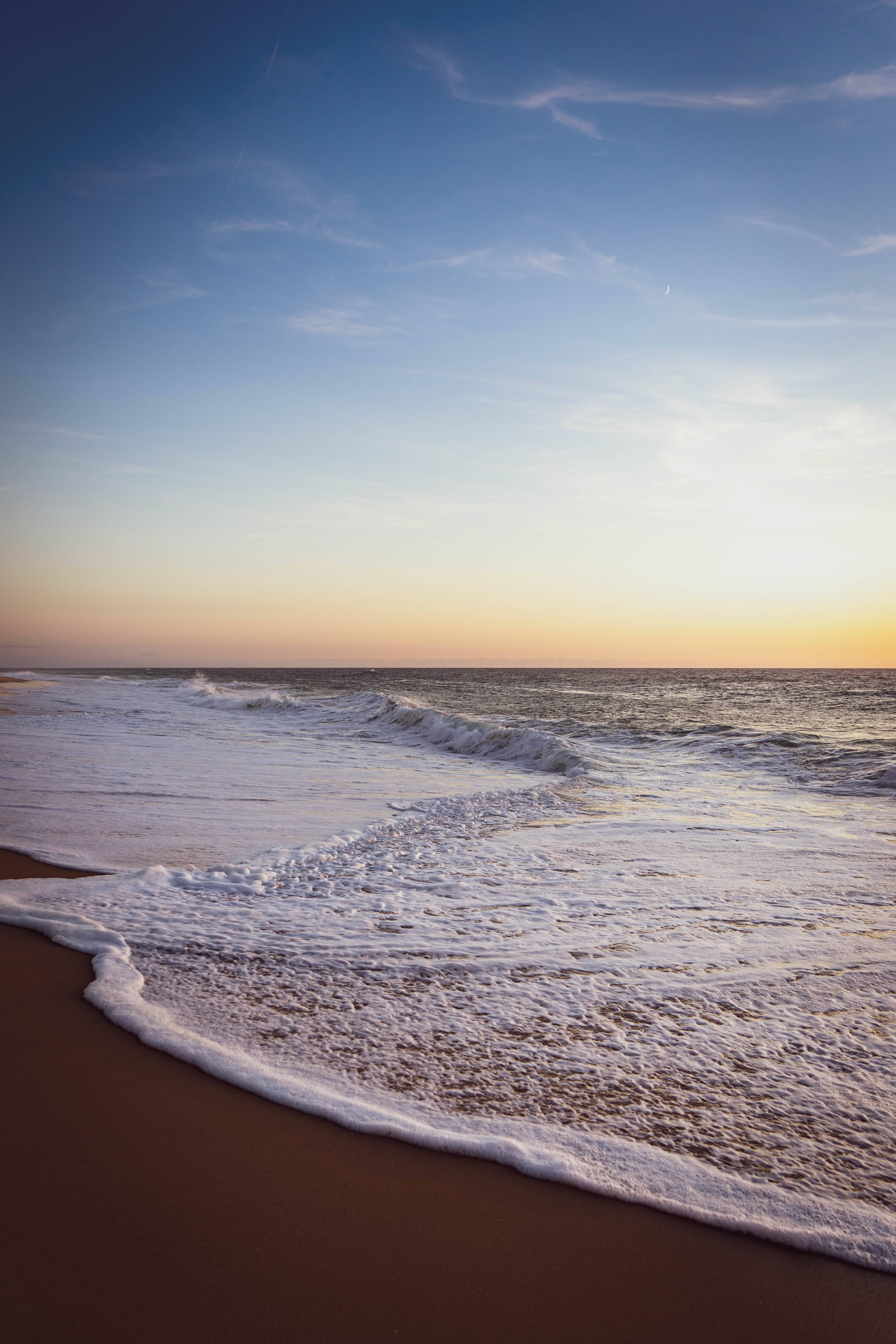 sunset horizon, beach wave, sandy beach, 5K Phone Wallpaper