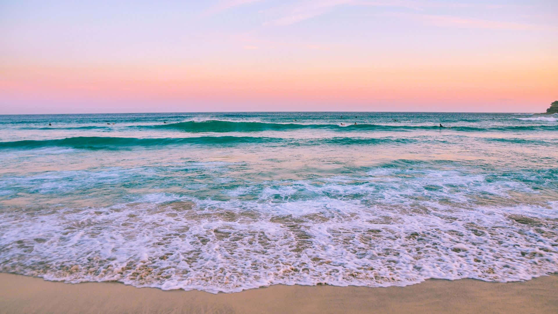 sunset, pink and orange sky, gentle waves, Full HD Desktop Wallpaper