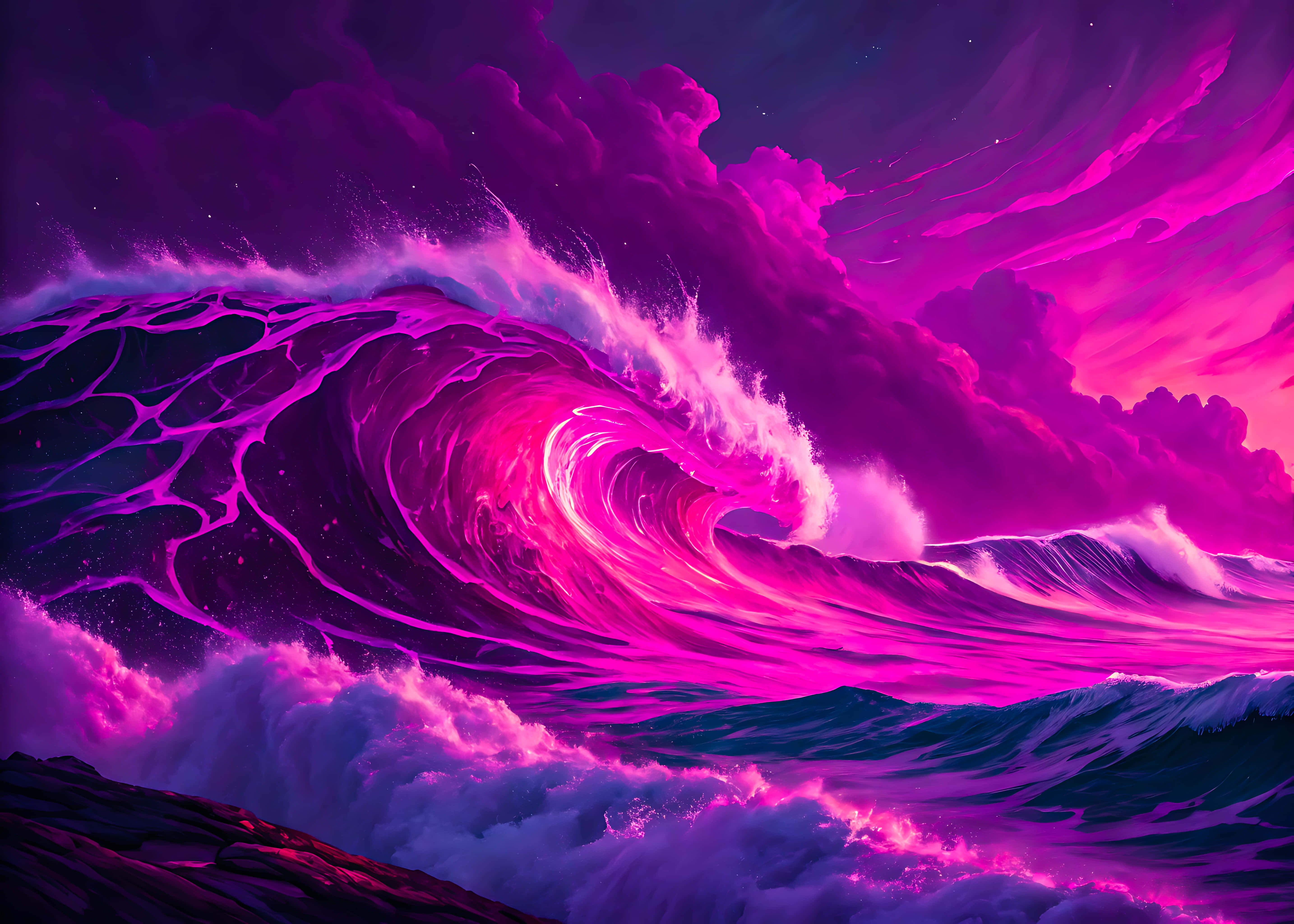 sunset, mountain waves, pink and blue light, 5K Desktop Wallpaper