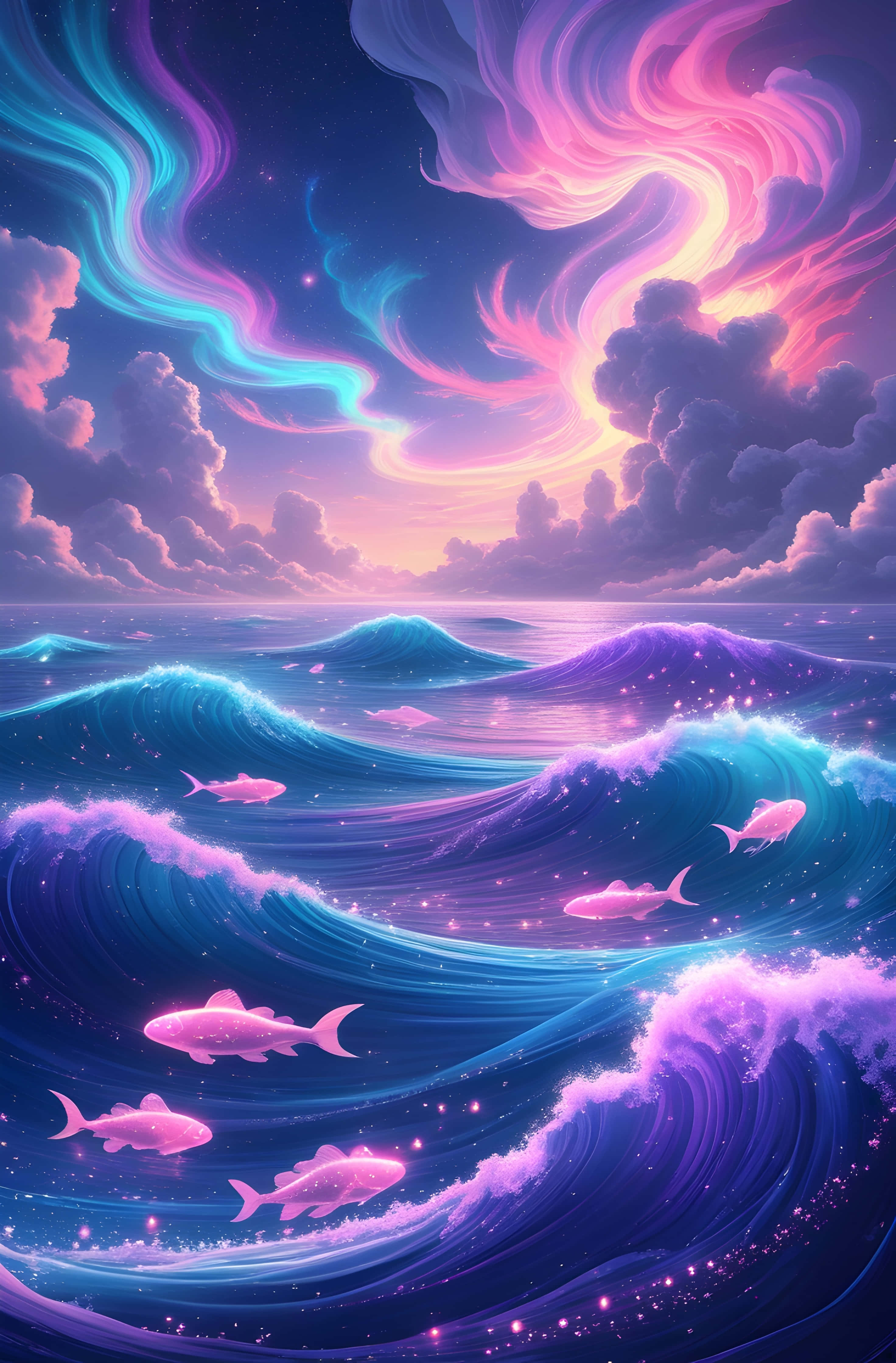 ethereal pink fish, cosmic ocean, electric blues, 4K Phone Wallpaper