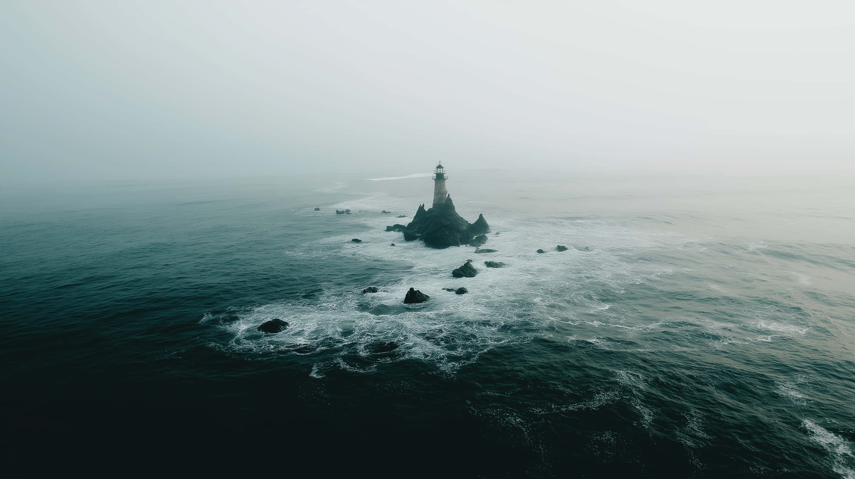 lighthouse, craggy islet, ocean waves, 2K Desktop Wallpaper