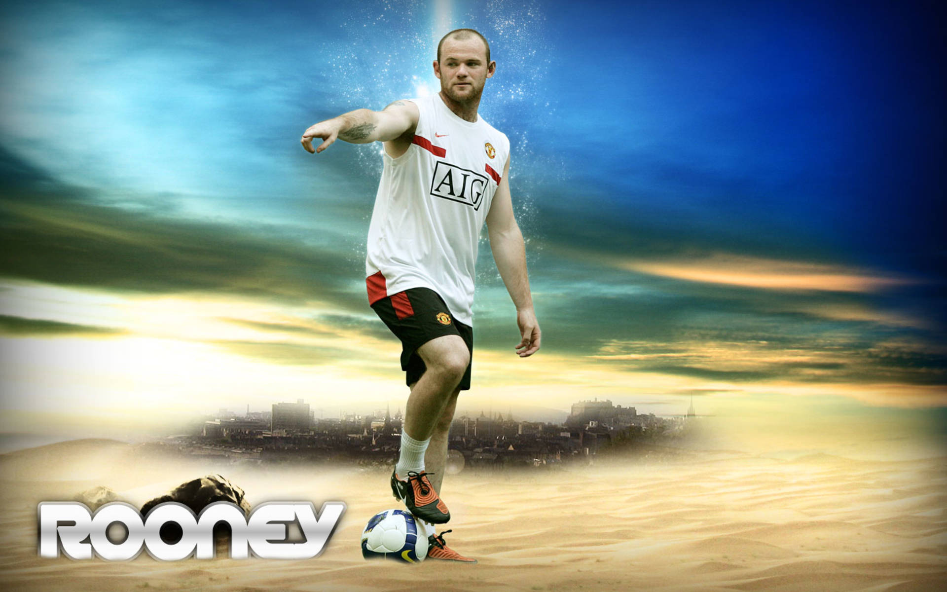 Wayne Rooney, white jersey, surreal desert landscape, Full HD Desktop Wallpaper