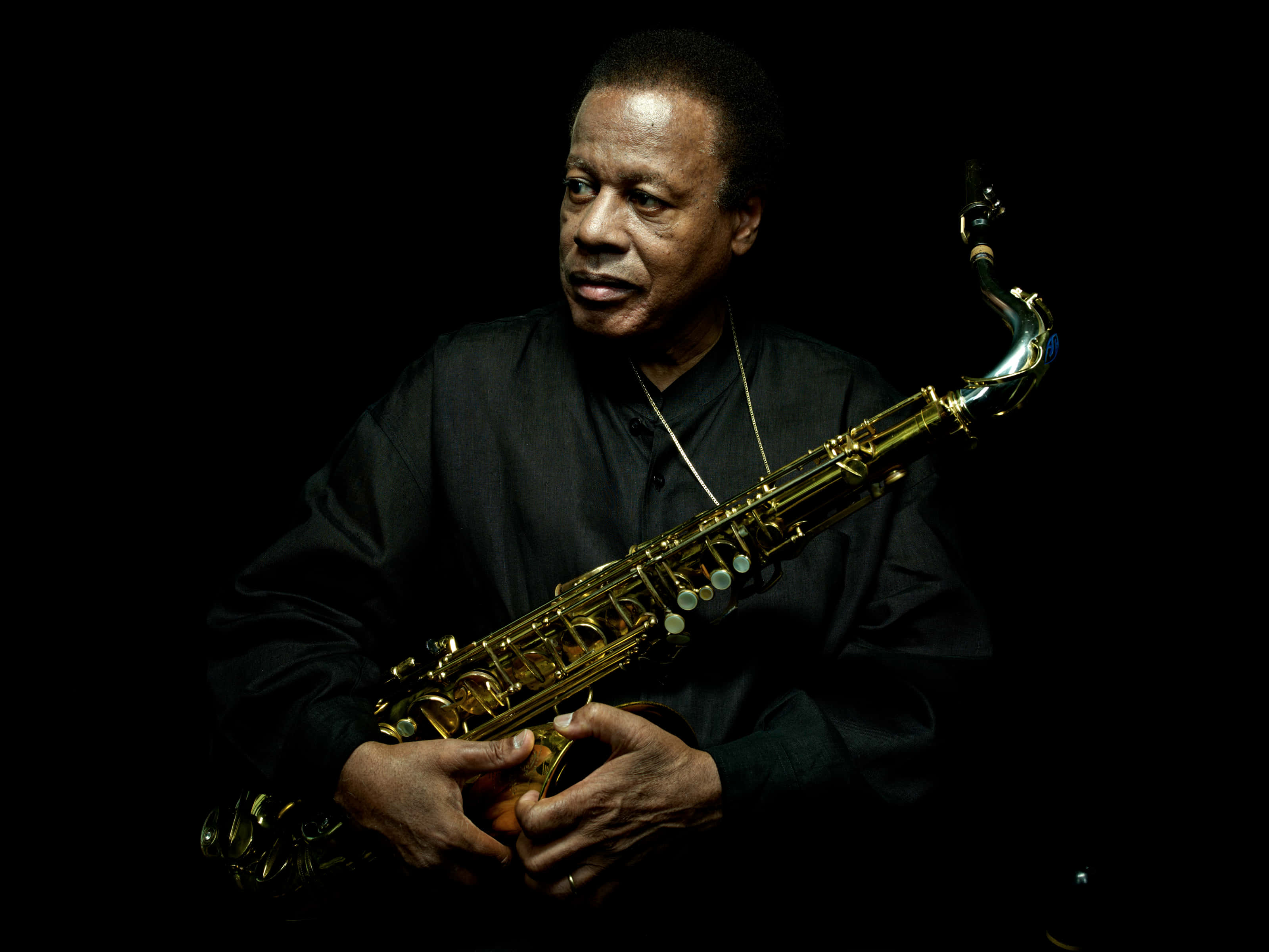Wayne Shorter, golden saxophone, stark black background, 2K Desktop Wallpaper