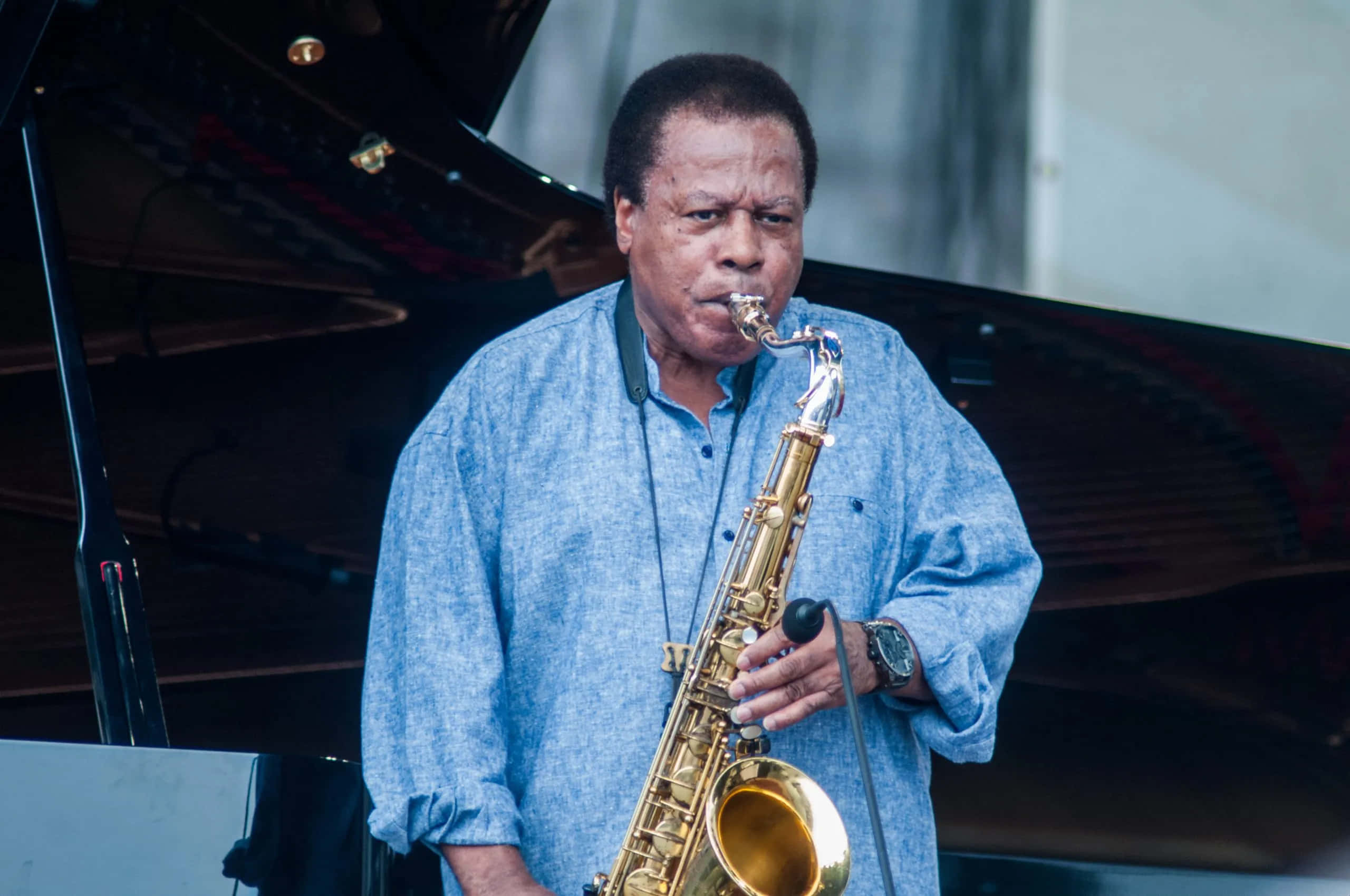 Wayne Shorter, blue shirt, golden saxophone, 2K Desktop Wallpaper