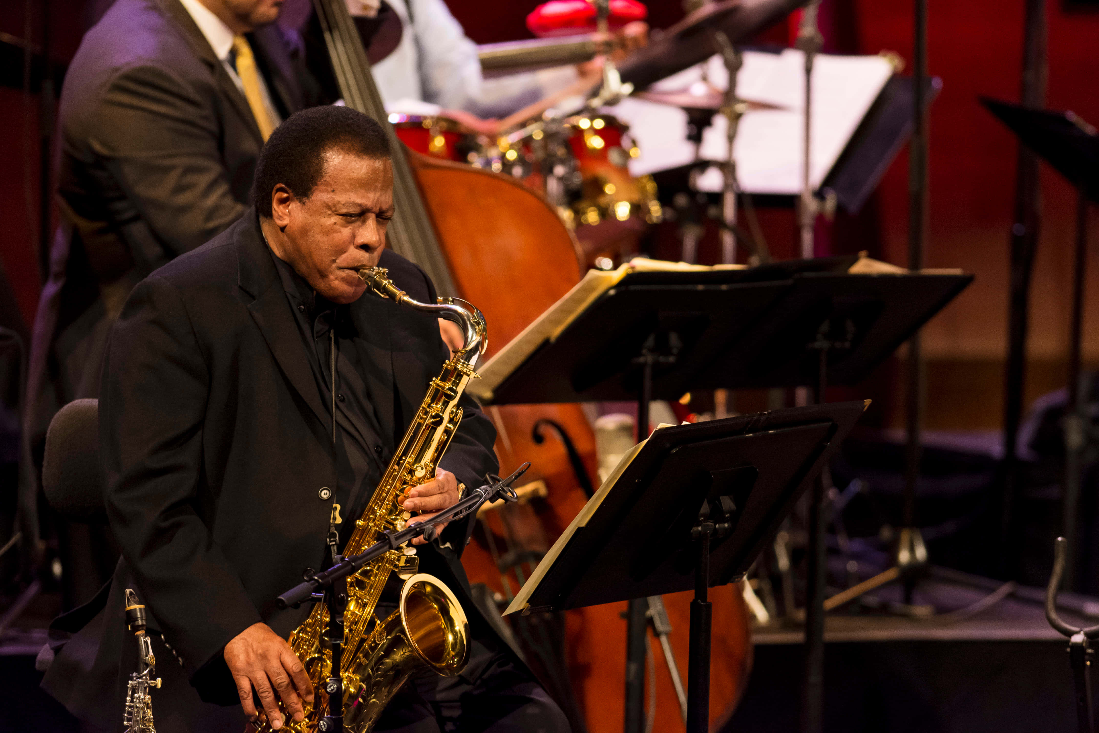 Wayne Shorter, golden saxophone, black suit, 4K Desktop Wallpaper