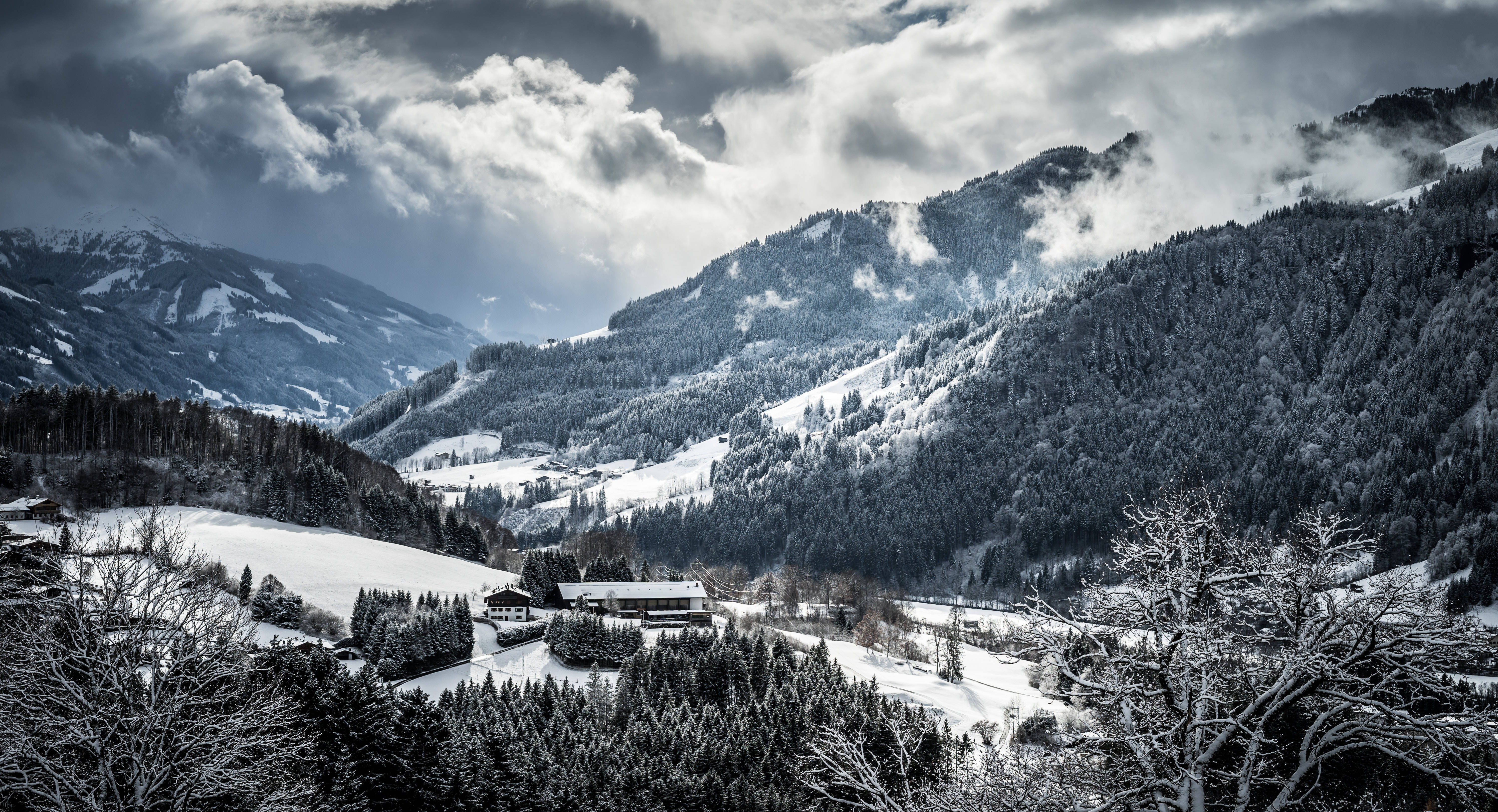 Snowy Mountains, mountain valley, evergreen forests, 5K Desktop Wallpaper