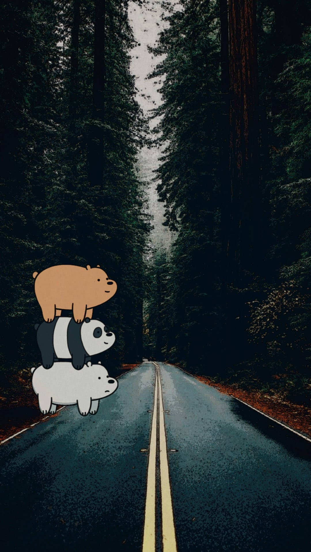 We Bare Bears Aesthetic, three cartoon bears, wet forest road, HD Phone Wallpaper