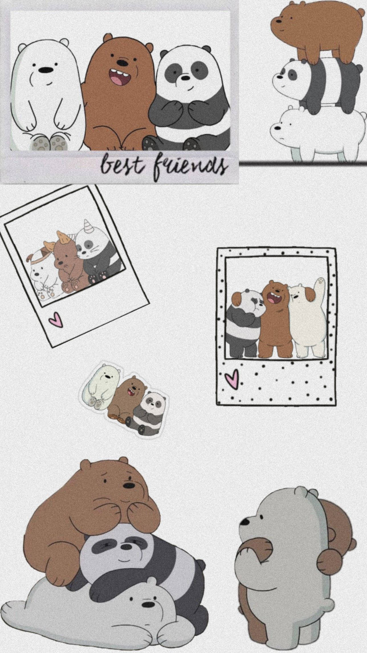 We Bare Bears Aesthetic, Polaroid-style frames, three cartoon bears, Full HD Phone Wallpaper