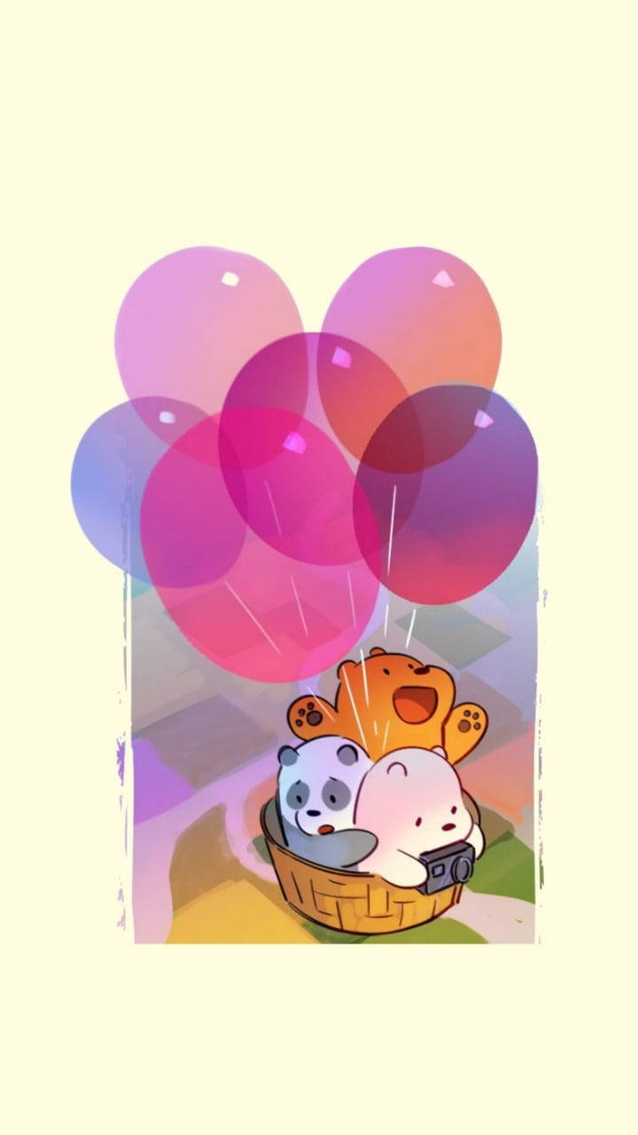 We Bare Bears Aesthetic, pink balloons, cartoon bears, HD Phone Wallpaper