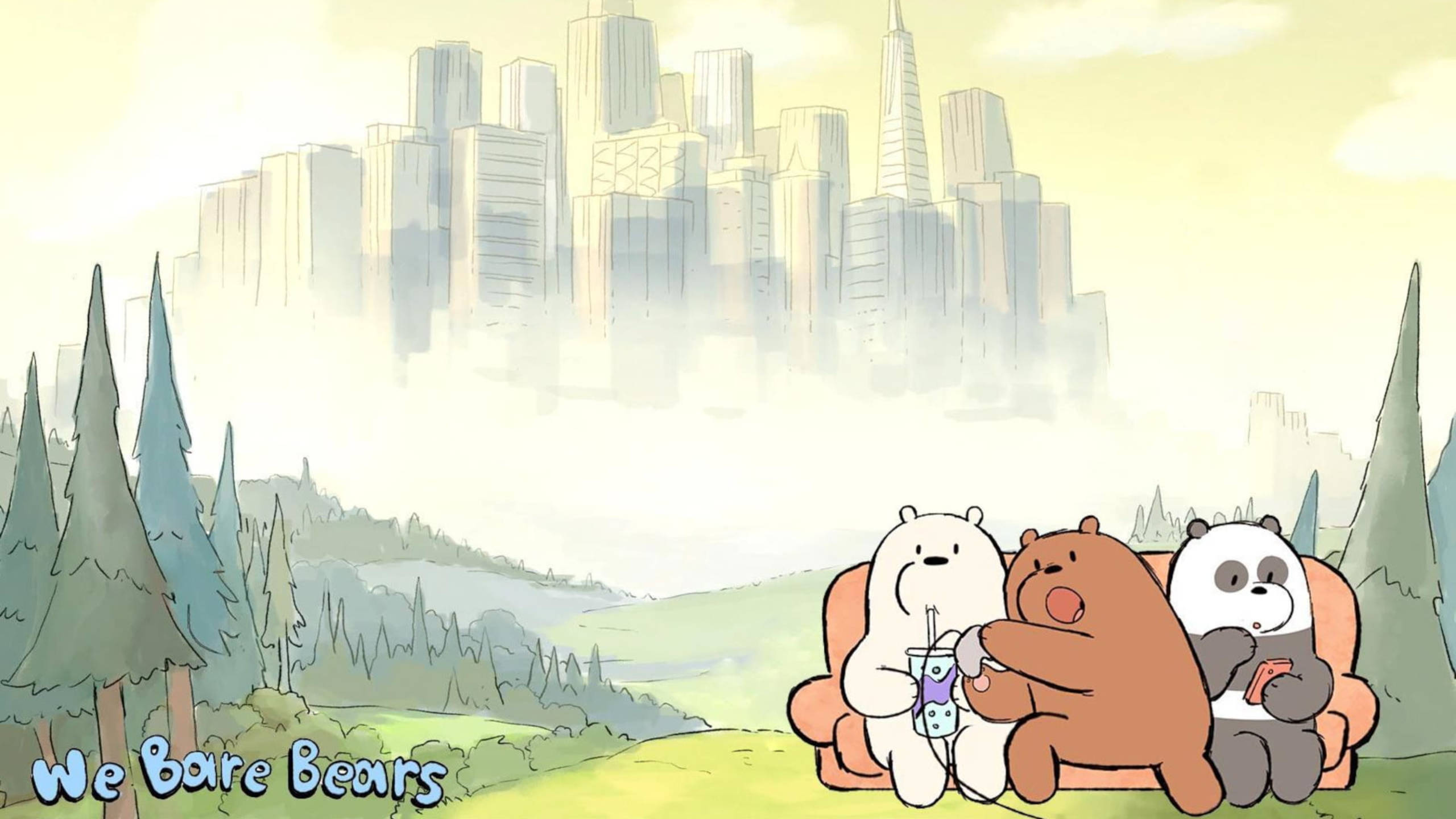 We Bare Bears, three cartoon bears, couch, 2K Desktop Wallpaper