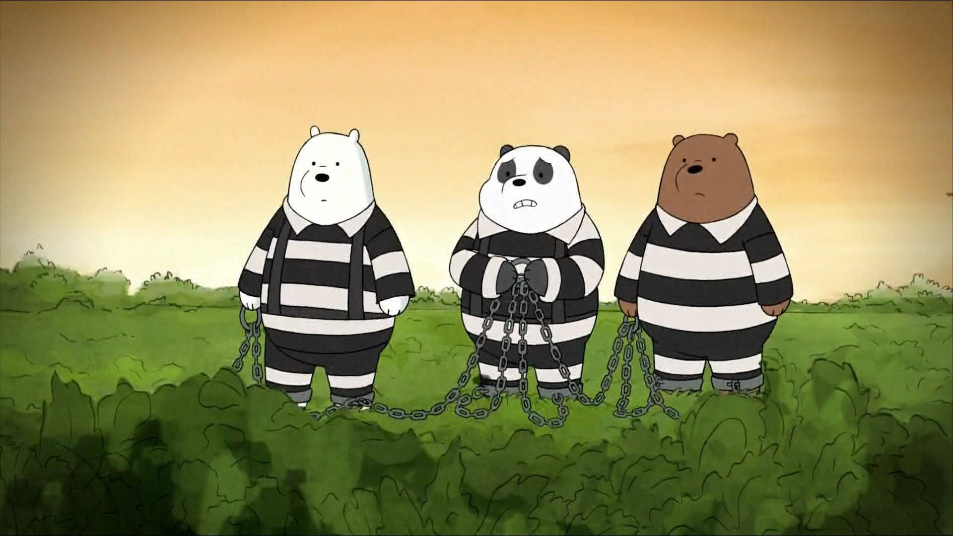 We Bare Bears, striped prison uniforms, grassy field, Full HD Desktop Wallpaper
