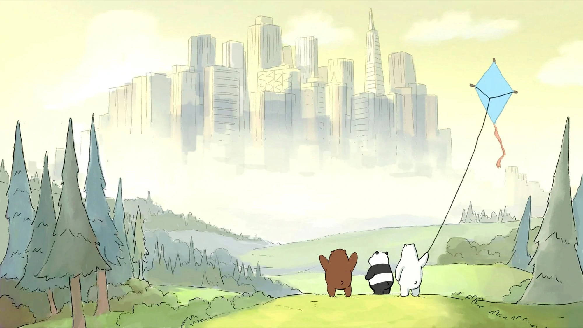 We Bare Bears, blue kite, grassy hill, Full HD Desktop Wallpaper