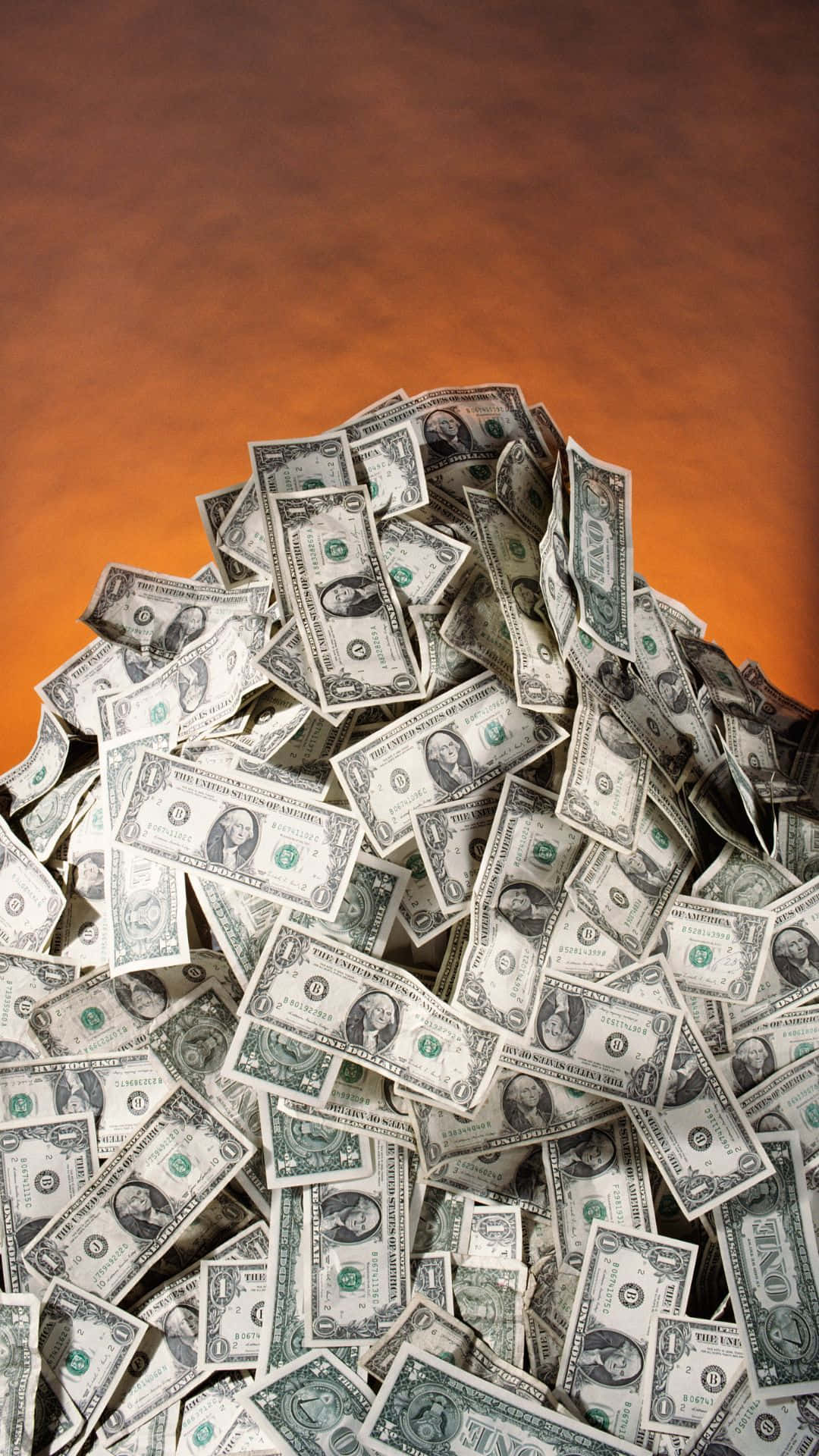 pile of one-dollar bills, warm gradient orange background, dollar bills, Full HD Phone Wallpaper