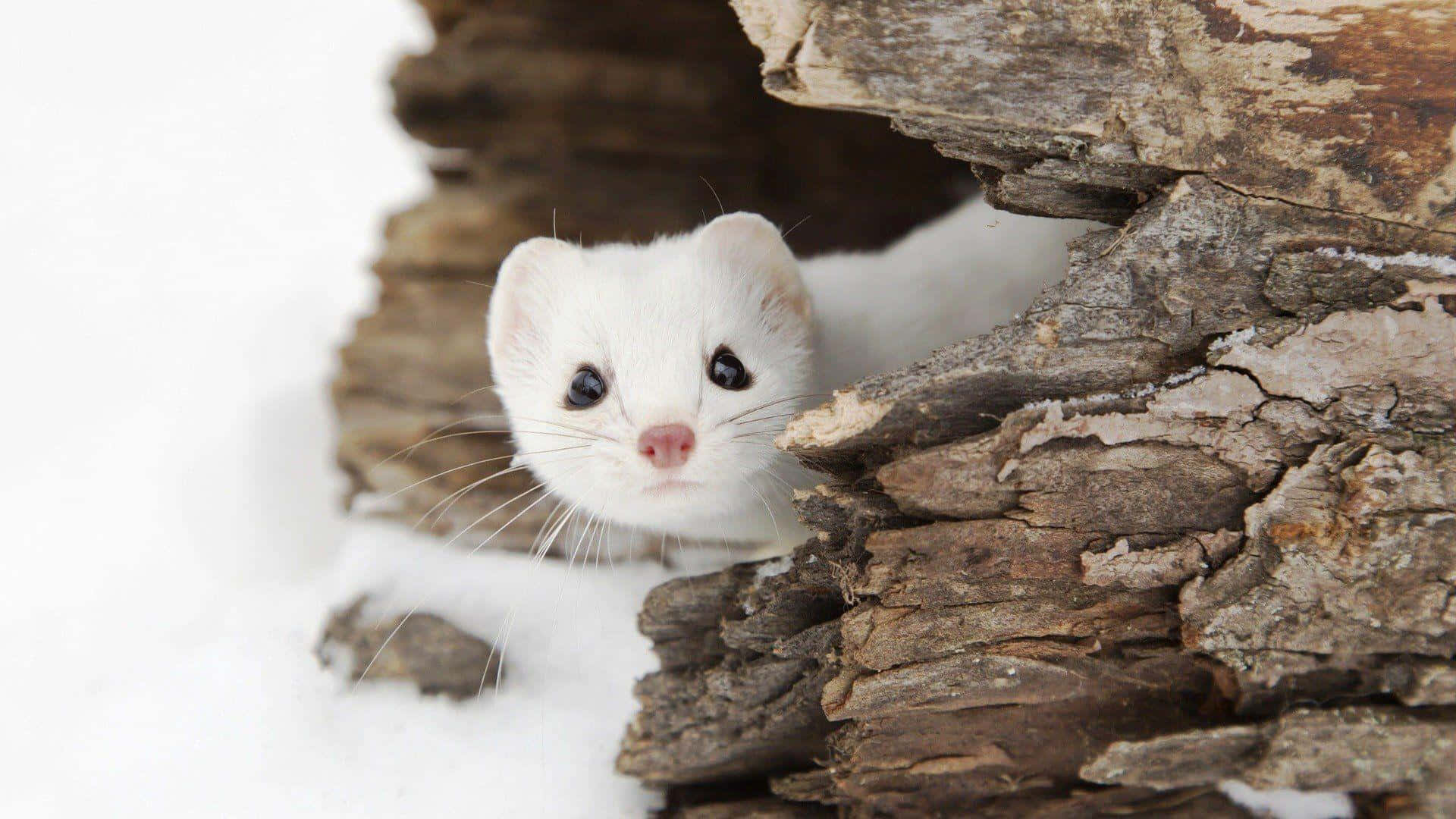 white weasel, tree bark, weathered log, Full HD Desktop Wallpaper