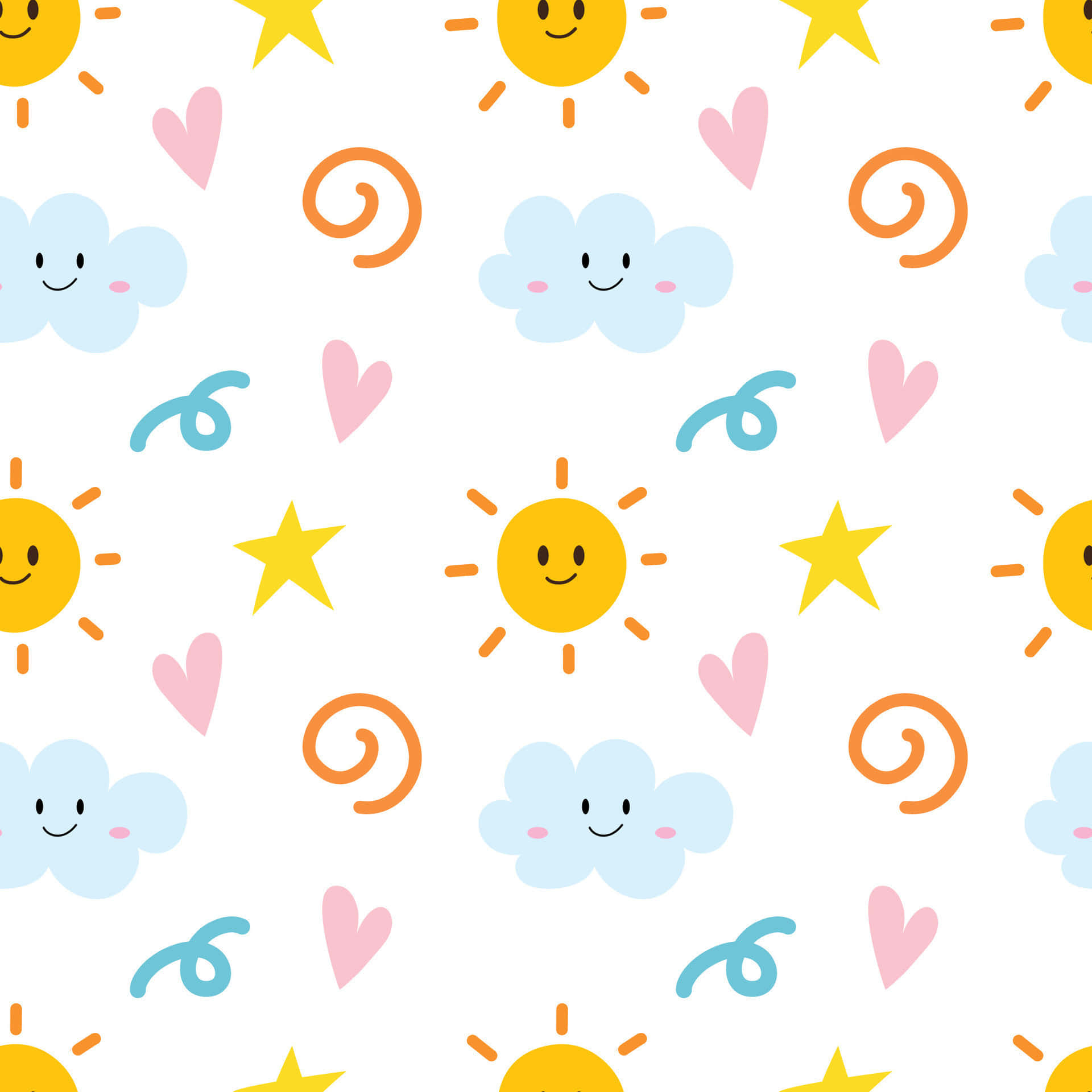 sunny and cloudy weather pattern, smiling yellow suns, blue clouds, Full HD Desktop Wallpaper