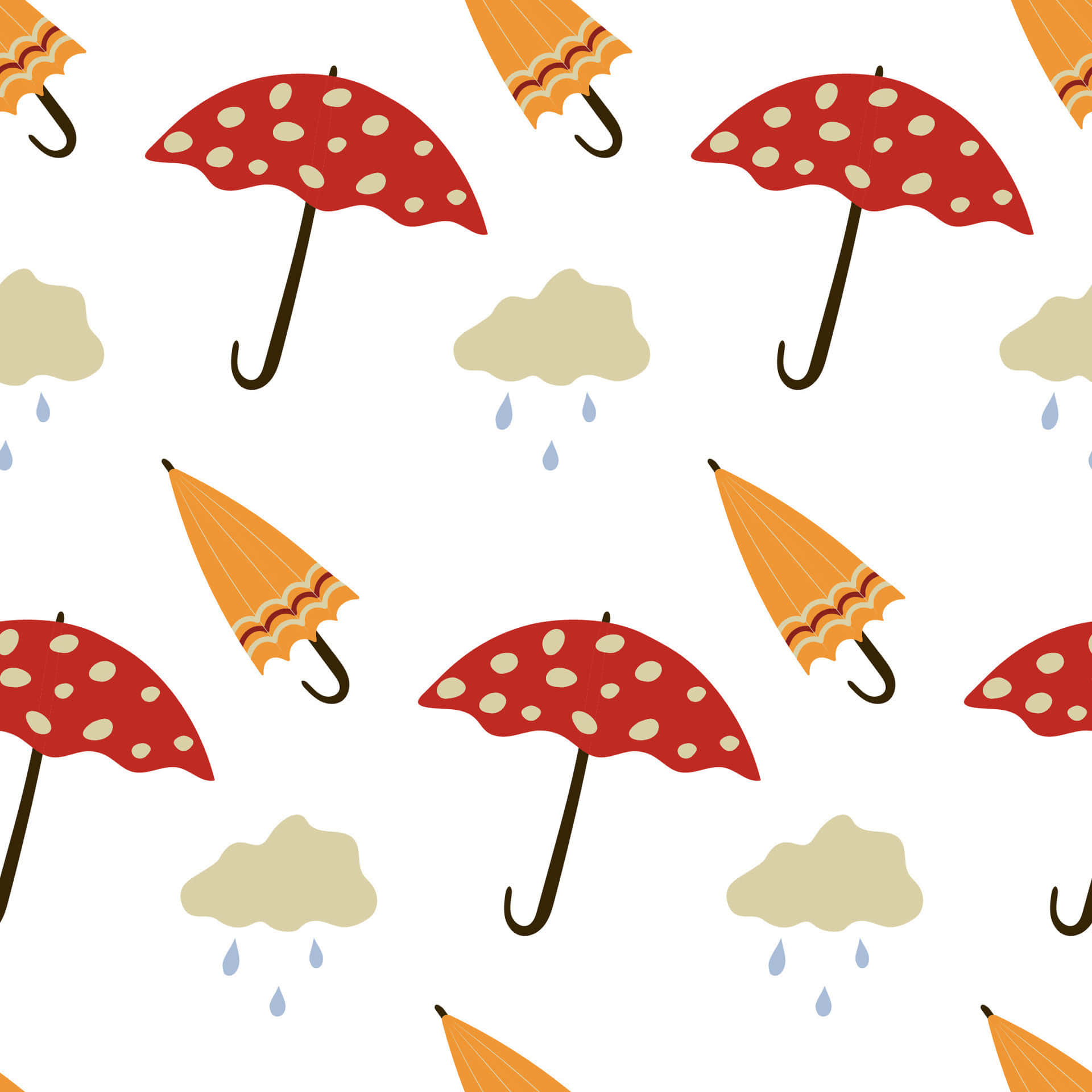 red polka dot umbrellas, beige clouds, blue raindrops, Full HD Desktop Wallpaper
