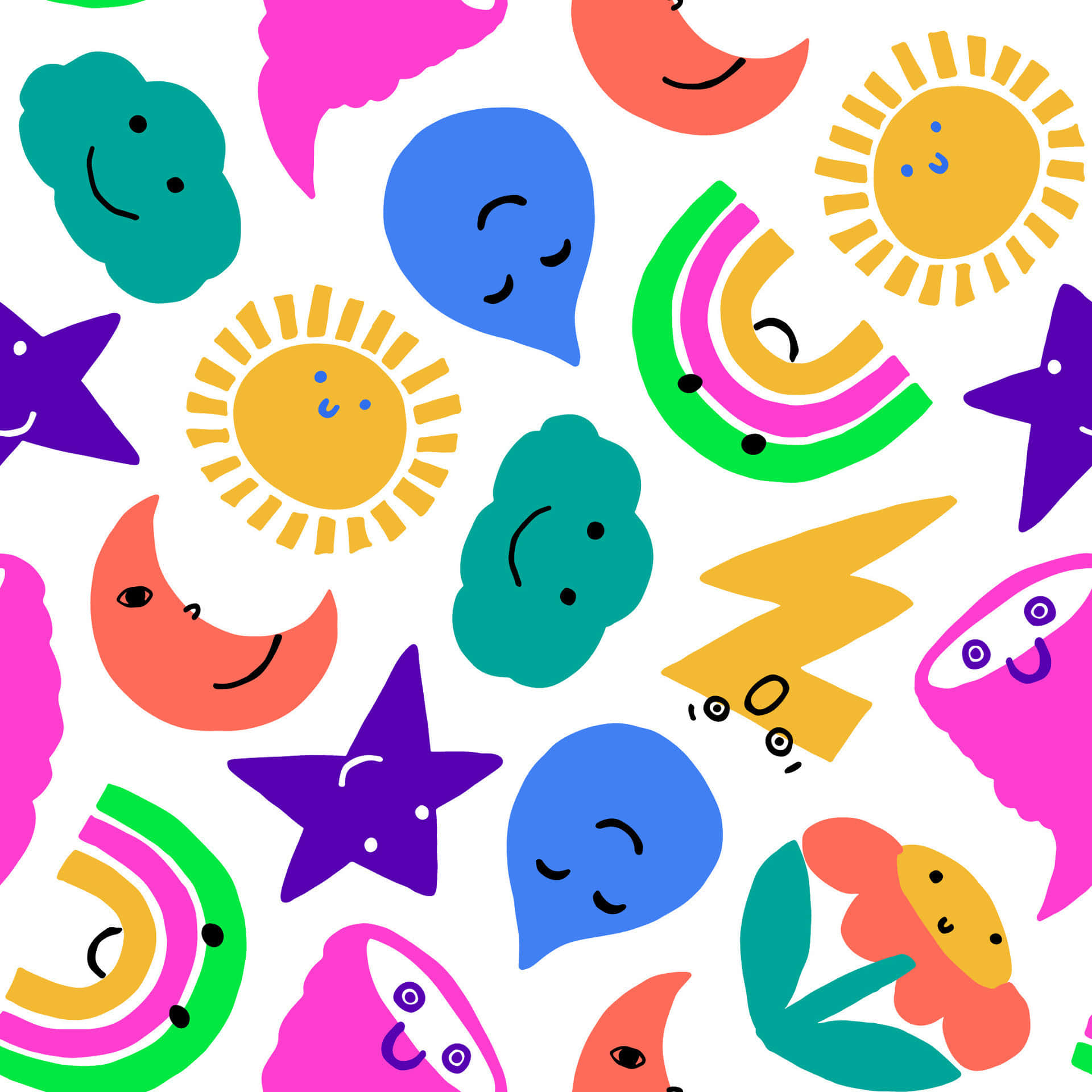 colorful weather and astronomy patterns, smiling cartoon suns, moons, Full HD Desktop Wallpaper