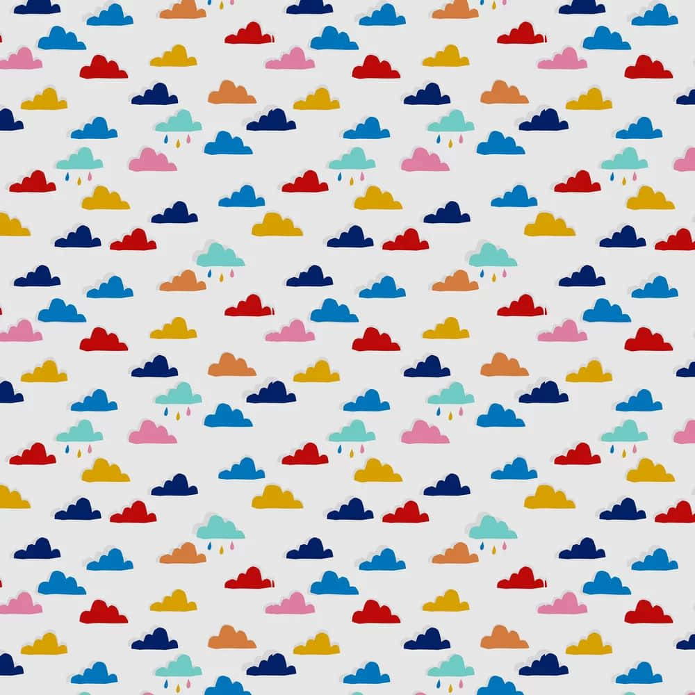 colorful cartoon clouds, red blue yellow pink and teal, raining tiny droplets, SD Desktop Wallpaper