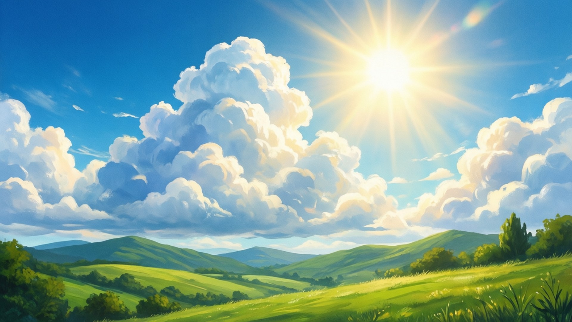 Sunny Clouds, fluffy white clouds, rolling green hills, Full HD Desktop Wallpaper