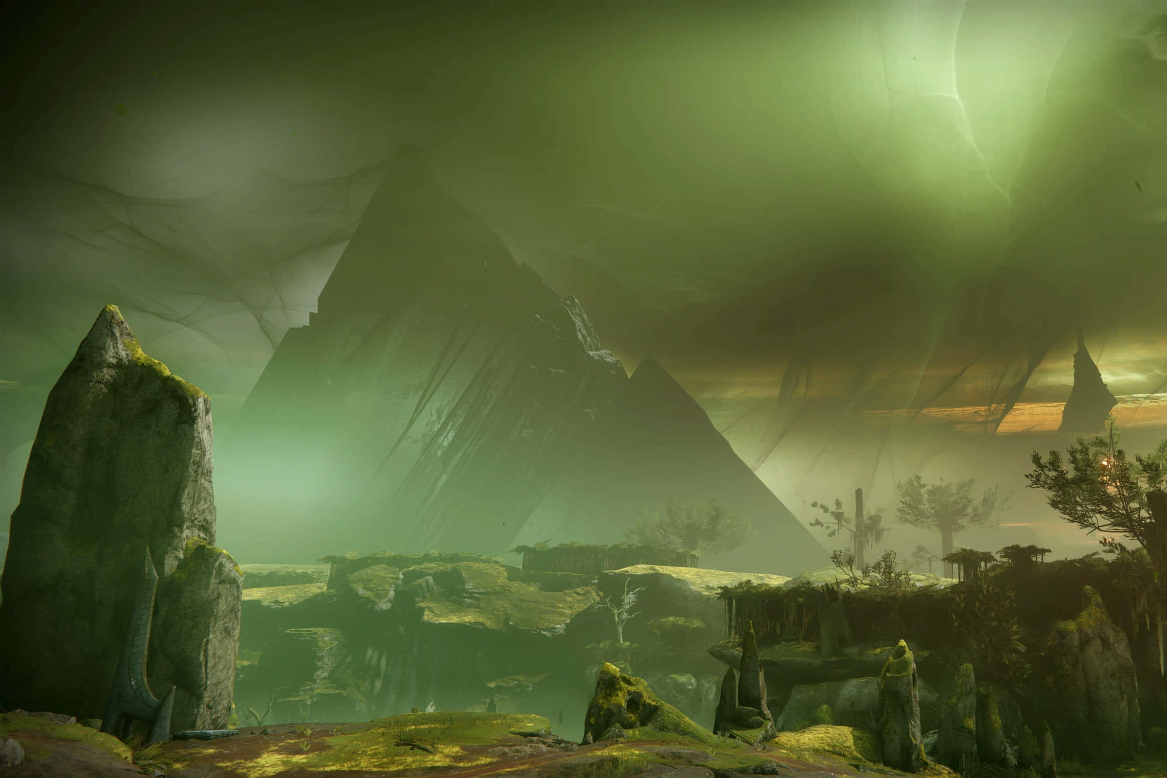 Misty green mountains, rocky landscape, surreal glowing sky, Full HD Desktop Wallpaper