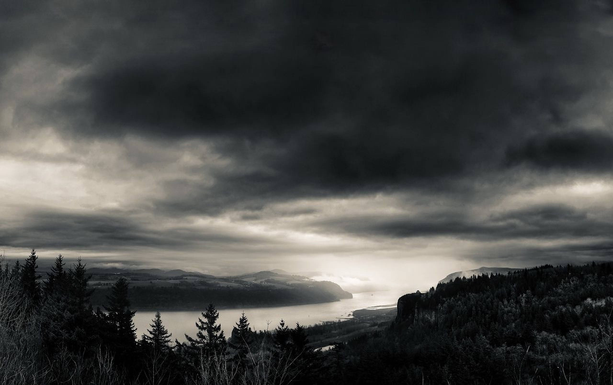 Dark Sky Weather, moody monochrome landscape, misty lake, 2K Desktop Wallpaper