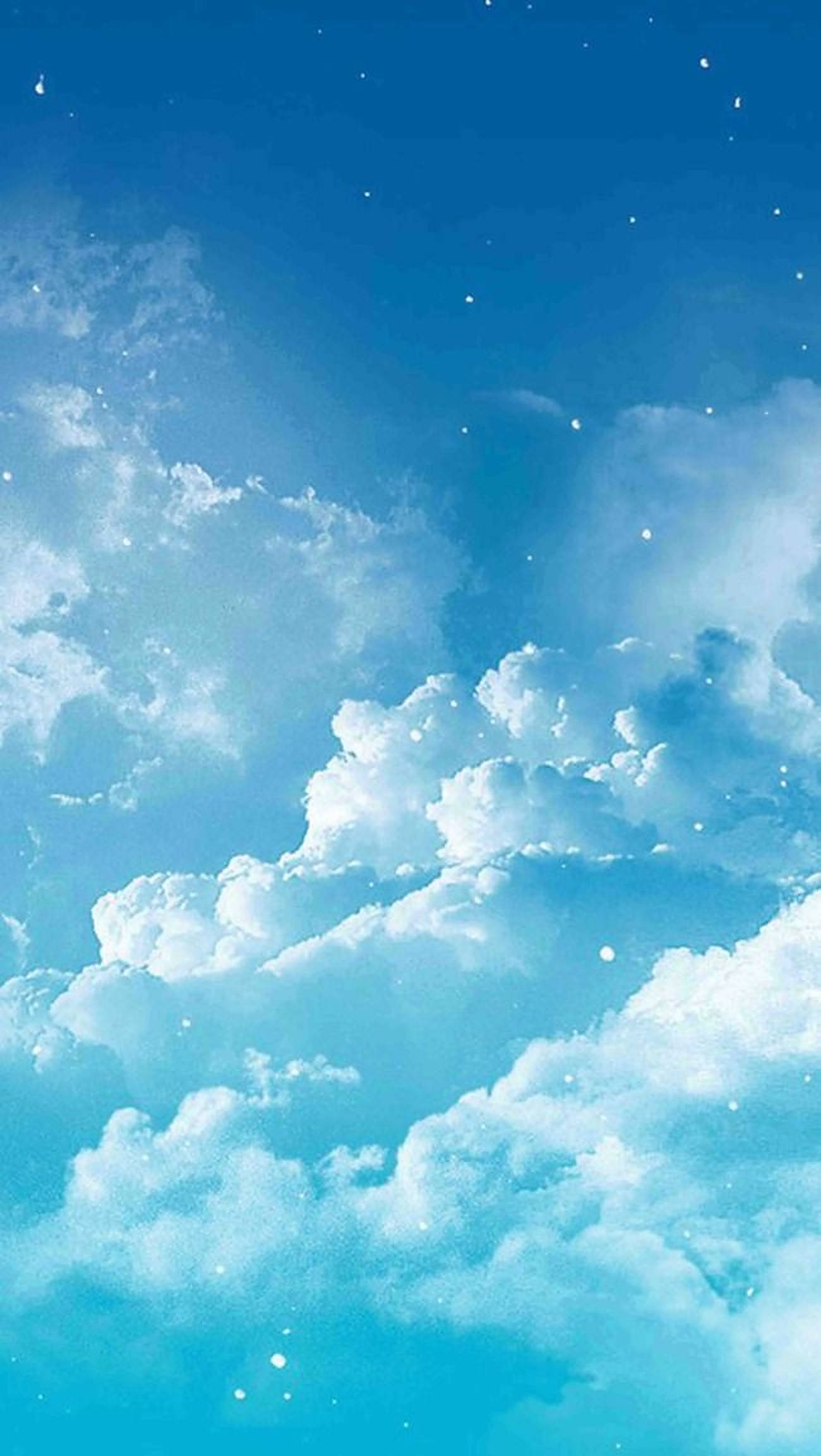 cerulean sky, fluffy white clouds, glowing stars, Full HD Phone Wallpaper