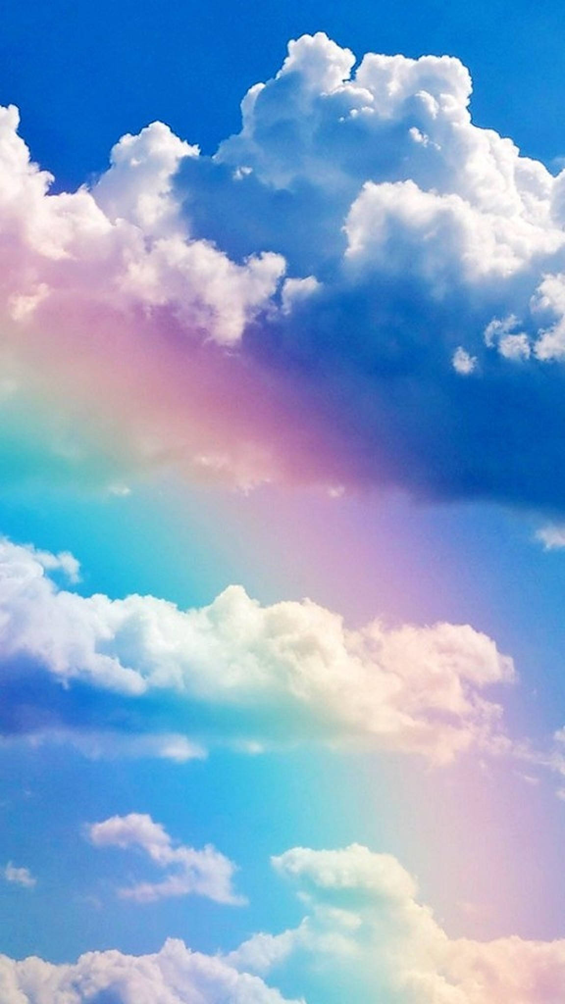rainbow, fluffy white clouds, vivid blue sky, Full HD Phone Wallpaper