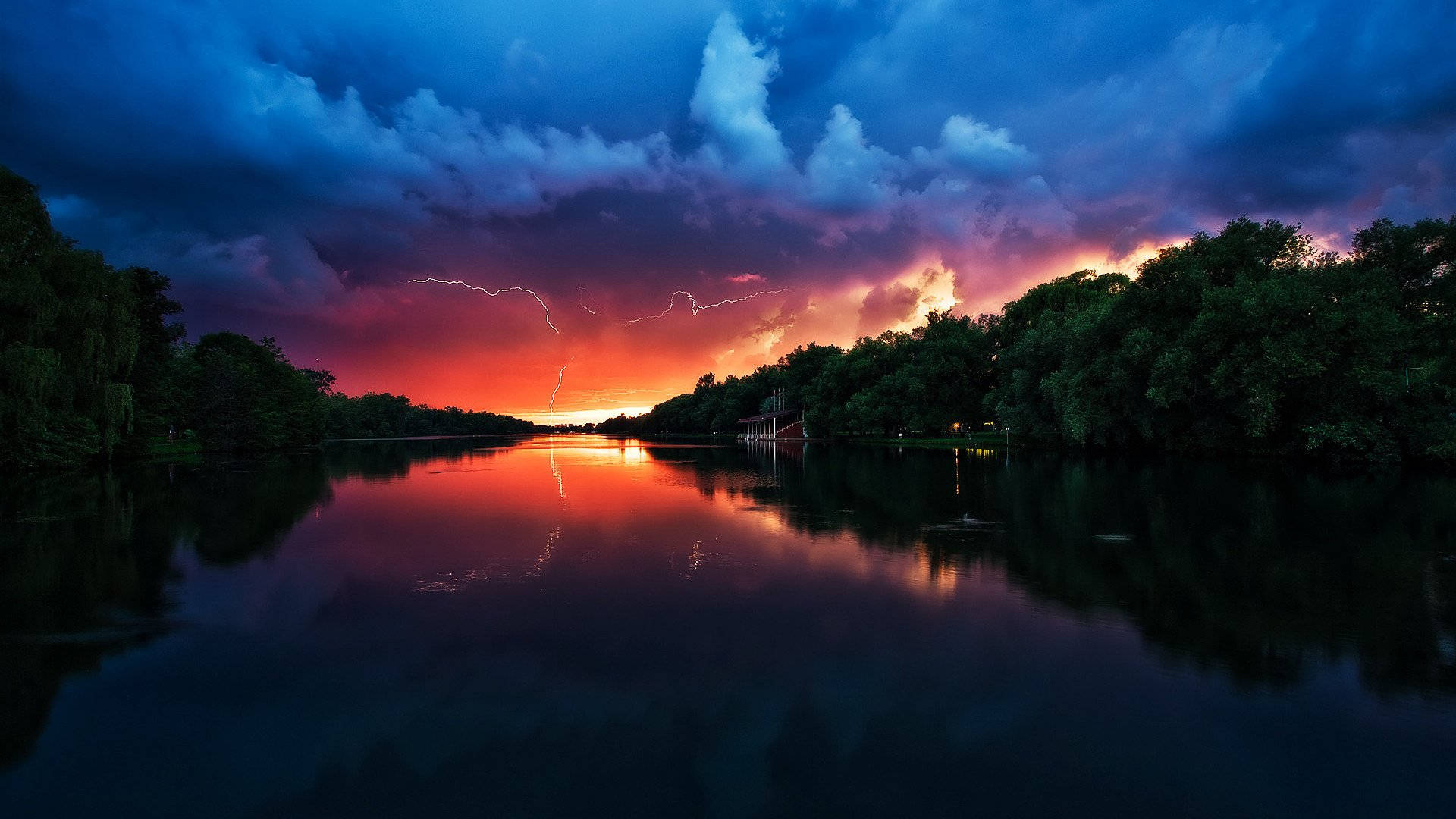 Thunderstorm, Calm river, Fiery orange skies, Full HD Desktop Wallpaper