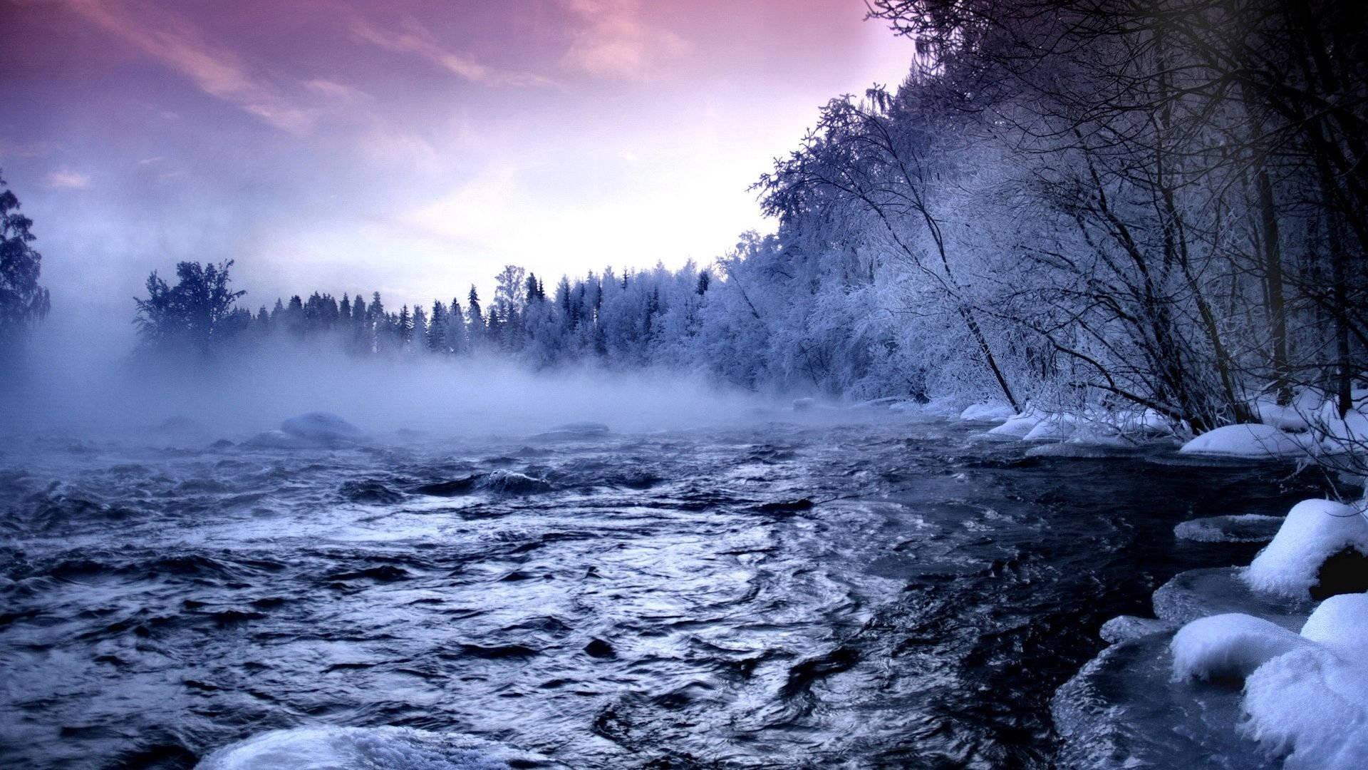 winter weather, lake, misty winter river, Full HD Desktop Wallpaper