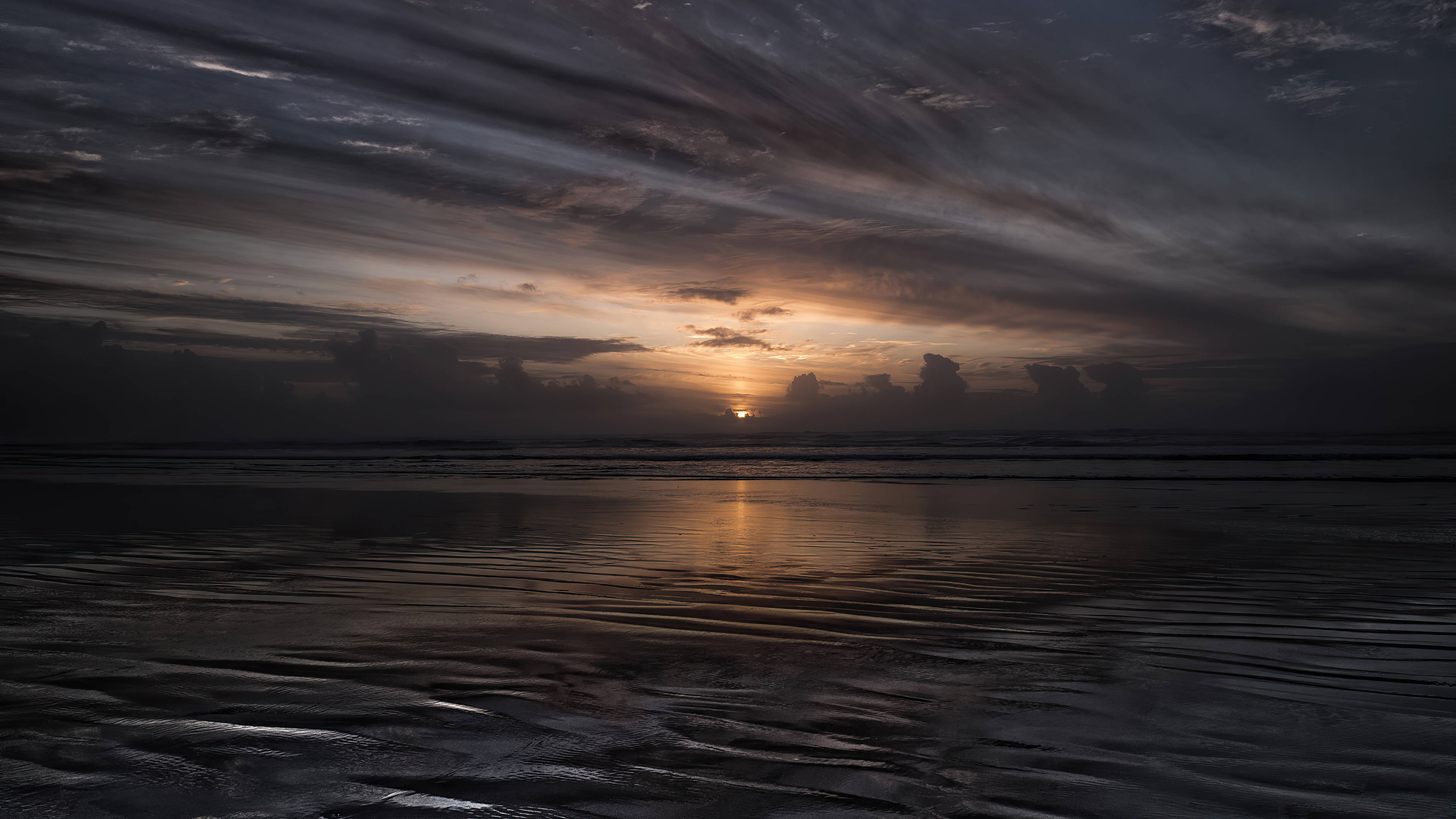 sunset, calm ocean, streaked clouds, 4K Desktop Wallpaper