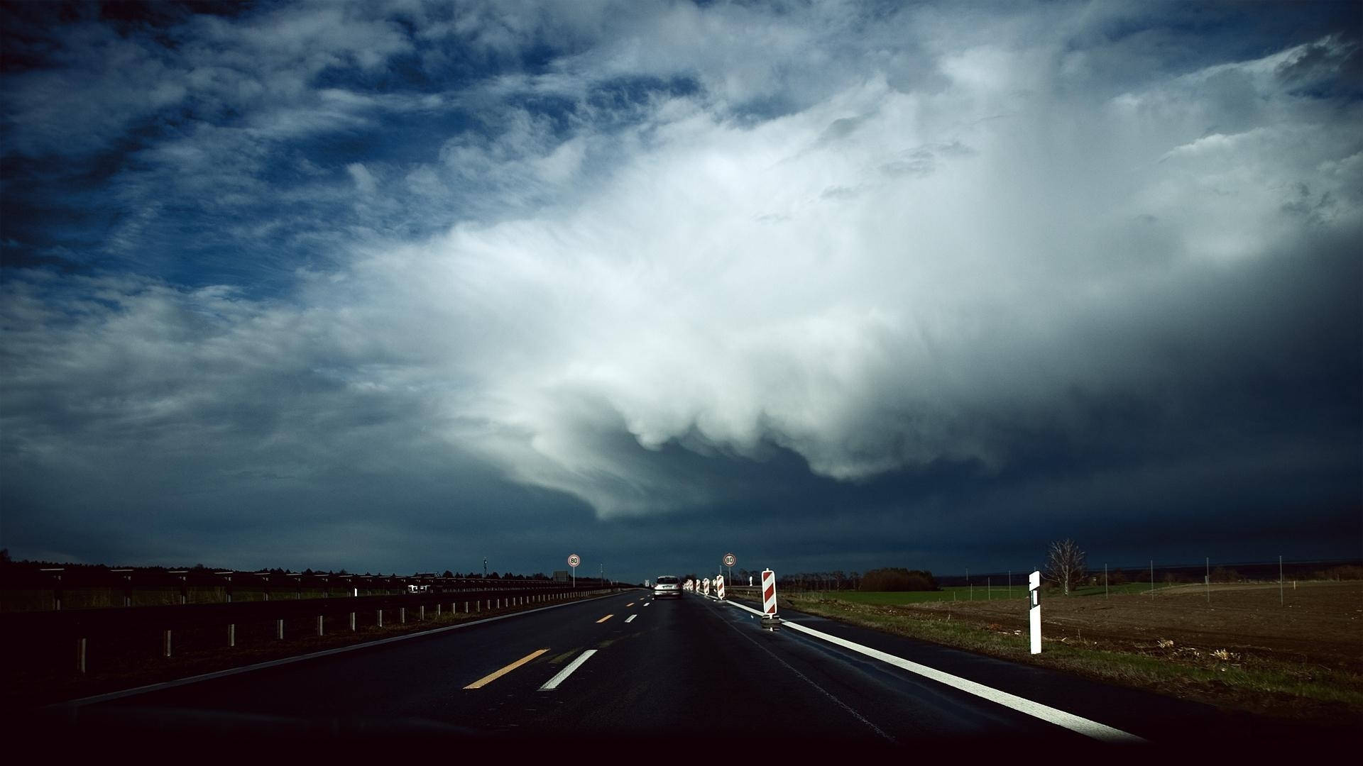 highway, bad weather, massive ominous storm cloud, Full HD Desktop Wallpaper