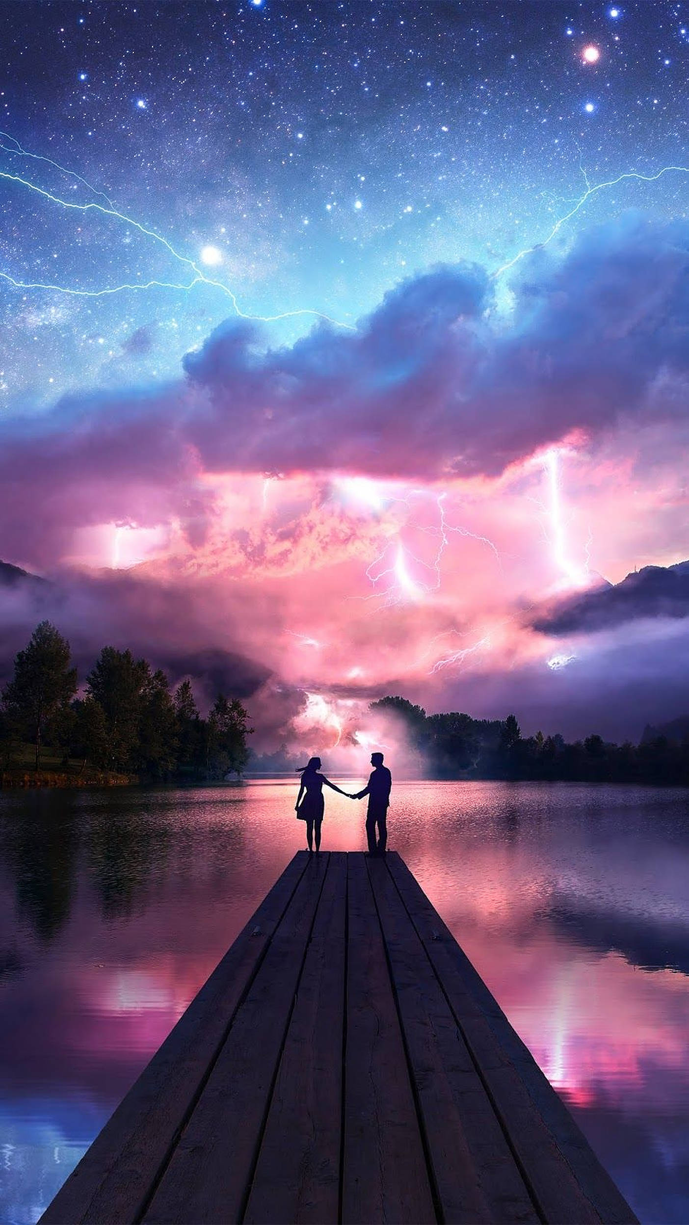 couple silhouette, stormy weather, wooden dock, Full HD Phone Wallpaper