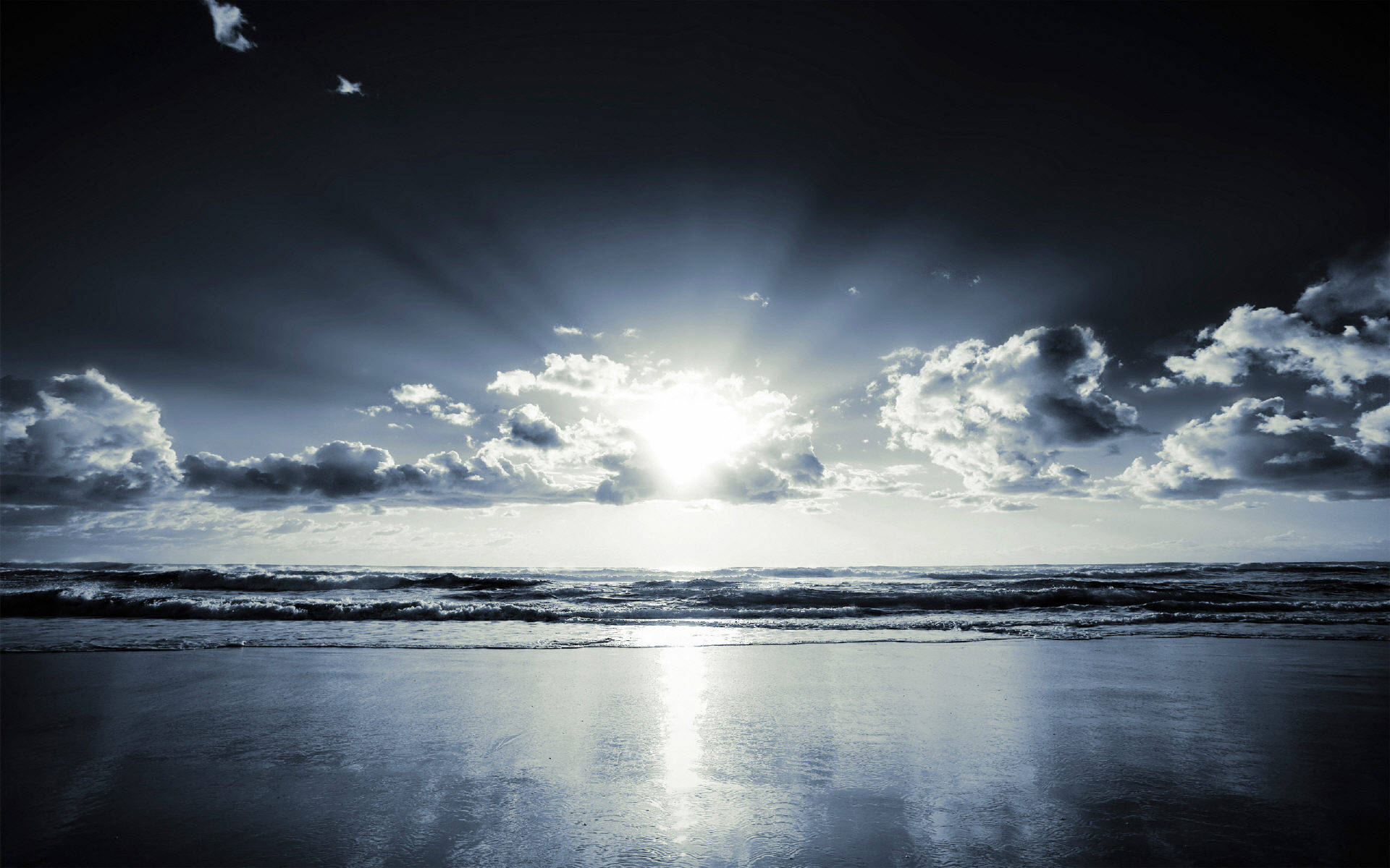 Sunburst, dark clouds, wet beach, Full HD Desktop Wallpaper
