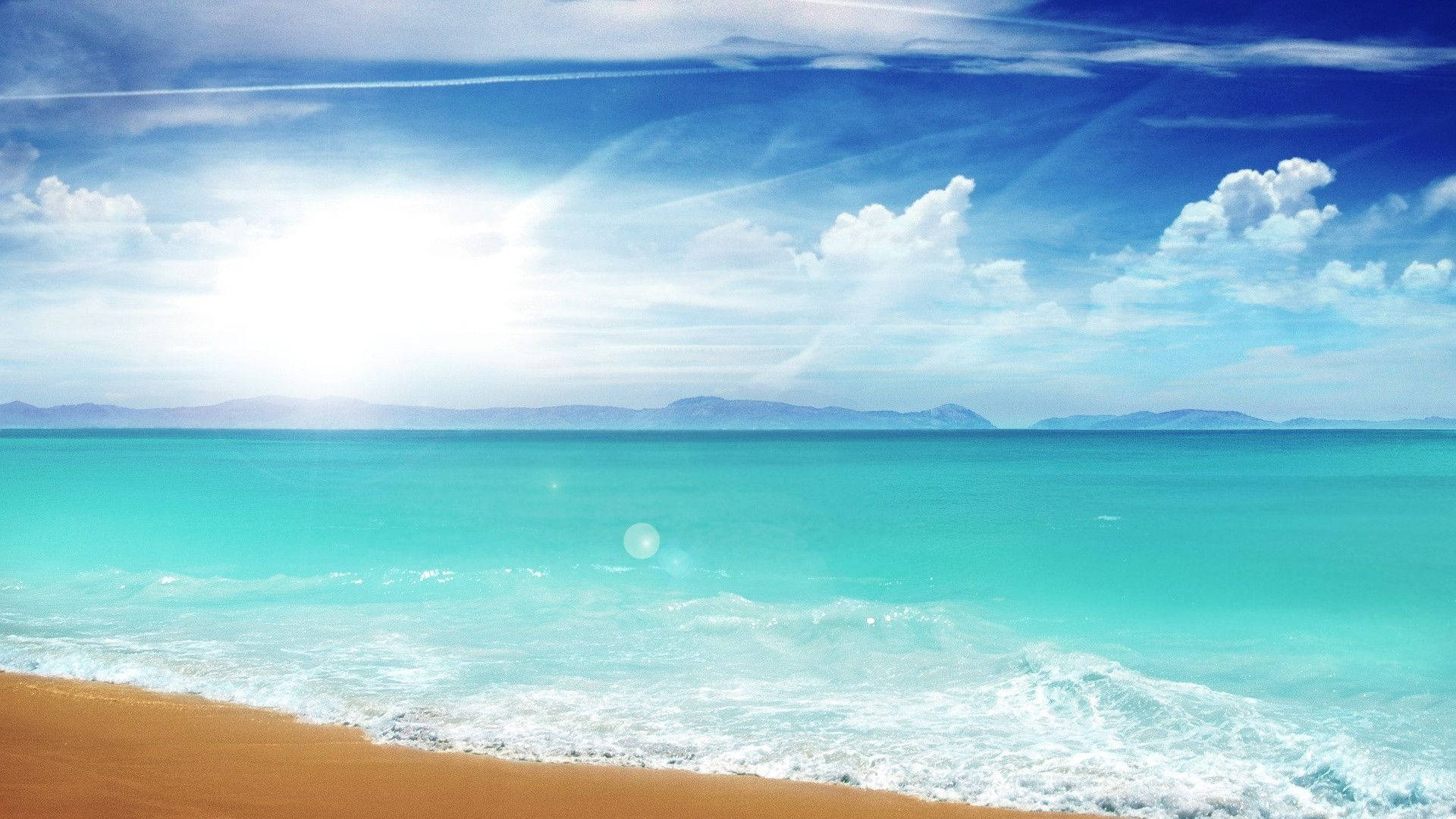 sunny weather, beach, turquoise waves, Full HD Desktop Wallpaper