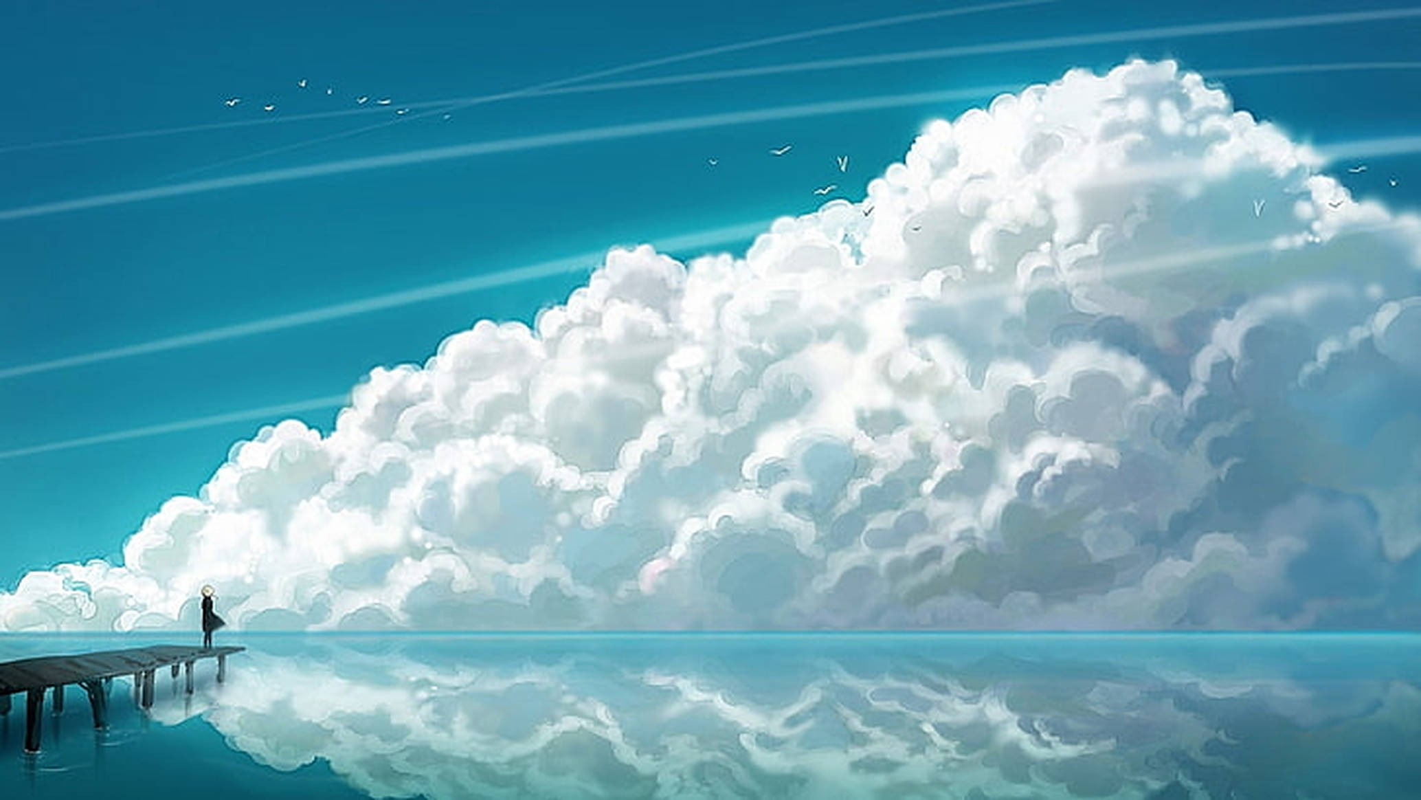cloudy weather, wooden pier, fluffy white clouds, Full HD Desktop Wallpaper