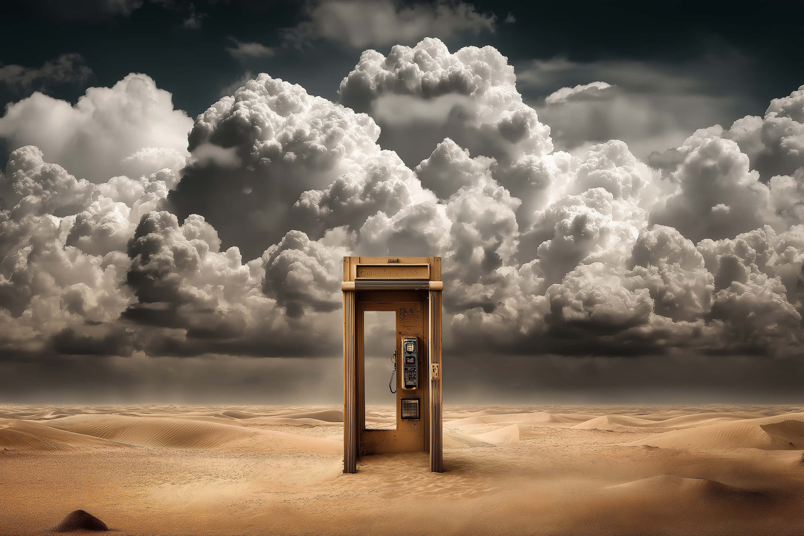 vintage telephone booth, desert, dramatic sky, 2K Desktop Wallpaper