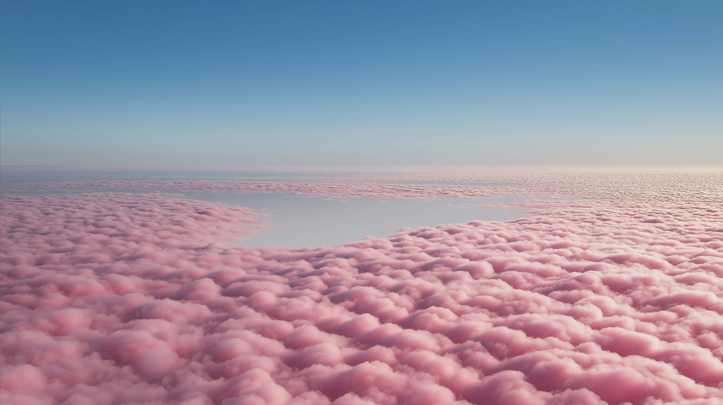 fluffy pink clouds, clear blue sky, aerial view, 2K Desktop Wallpaper