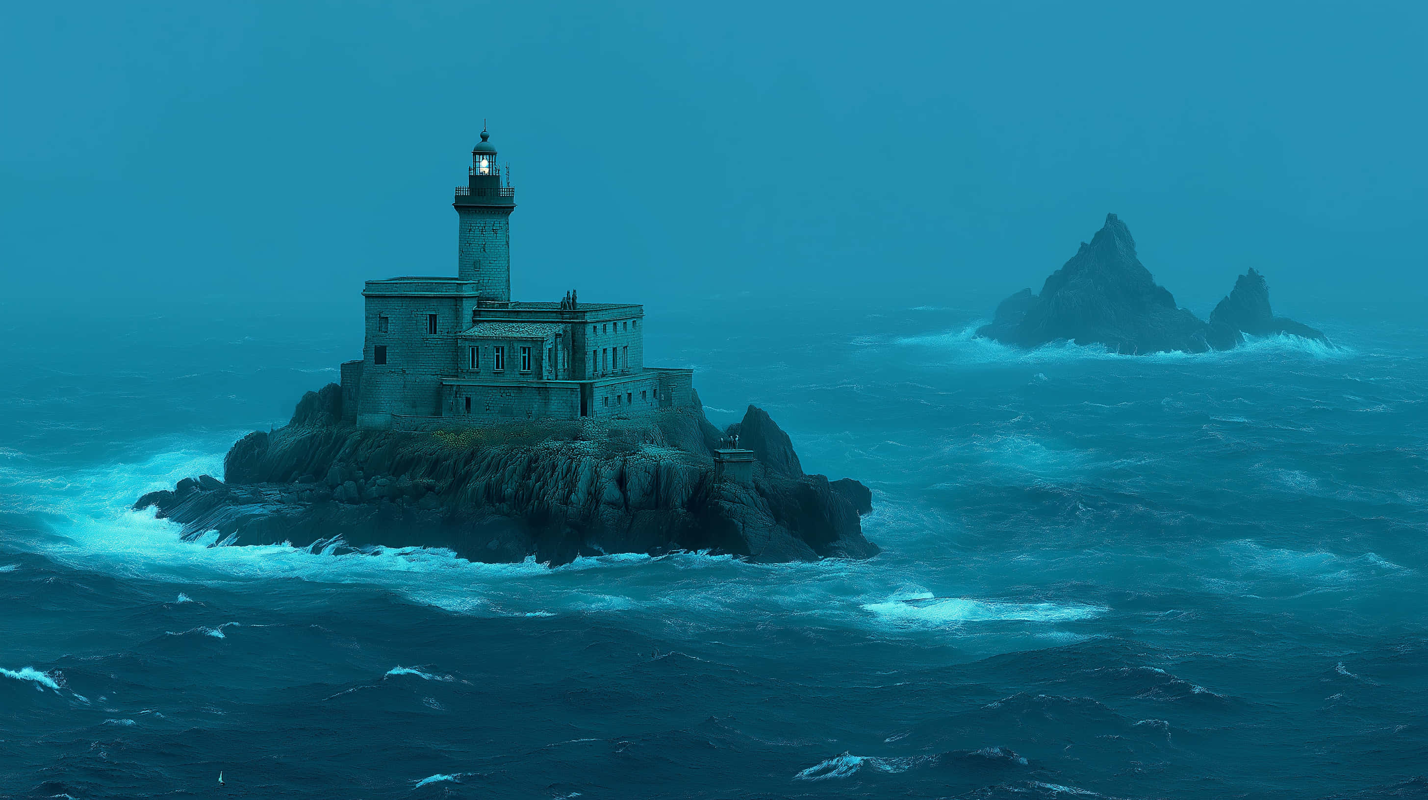 sturdy lighthouse, rocky isle, raging ocean waves, 2K Desktop Wallpaper