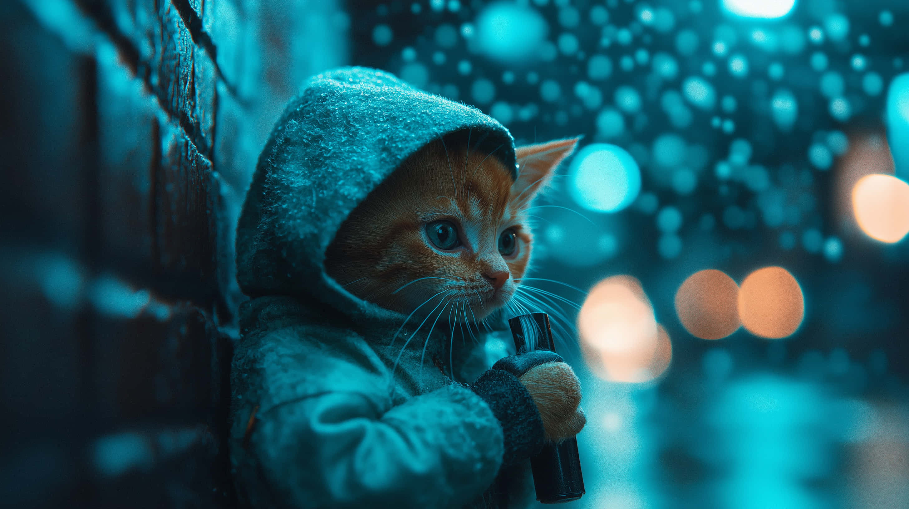 orange kitten, hooded jacket, flashlight, 2K Desktop Wallpaper
