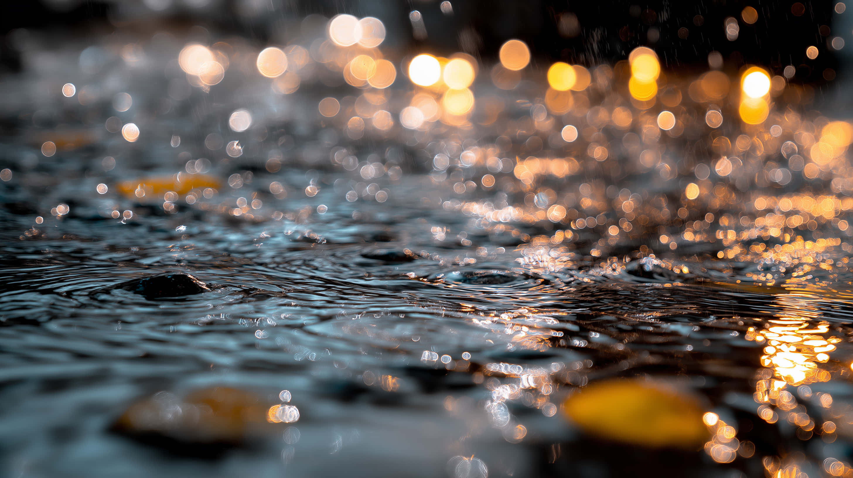 rain falling on ground, ripples, golden bokeh, 2K Desktop Wallpaper