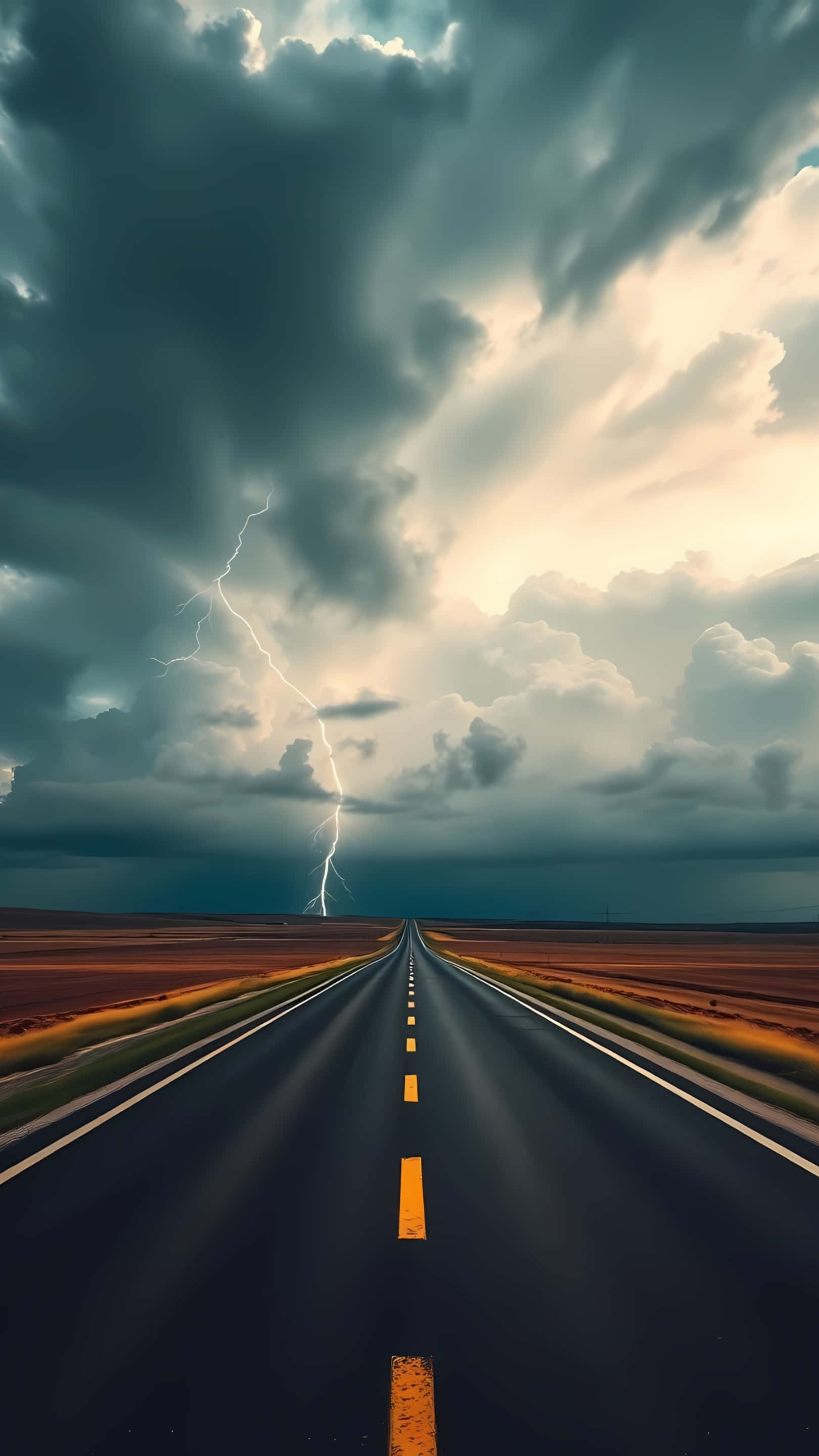 stormy road, lightning strike, dark storm clouds, 2K Phone Wallpaper