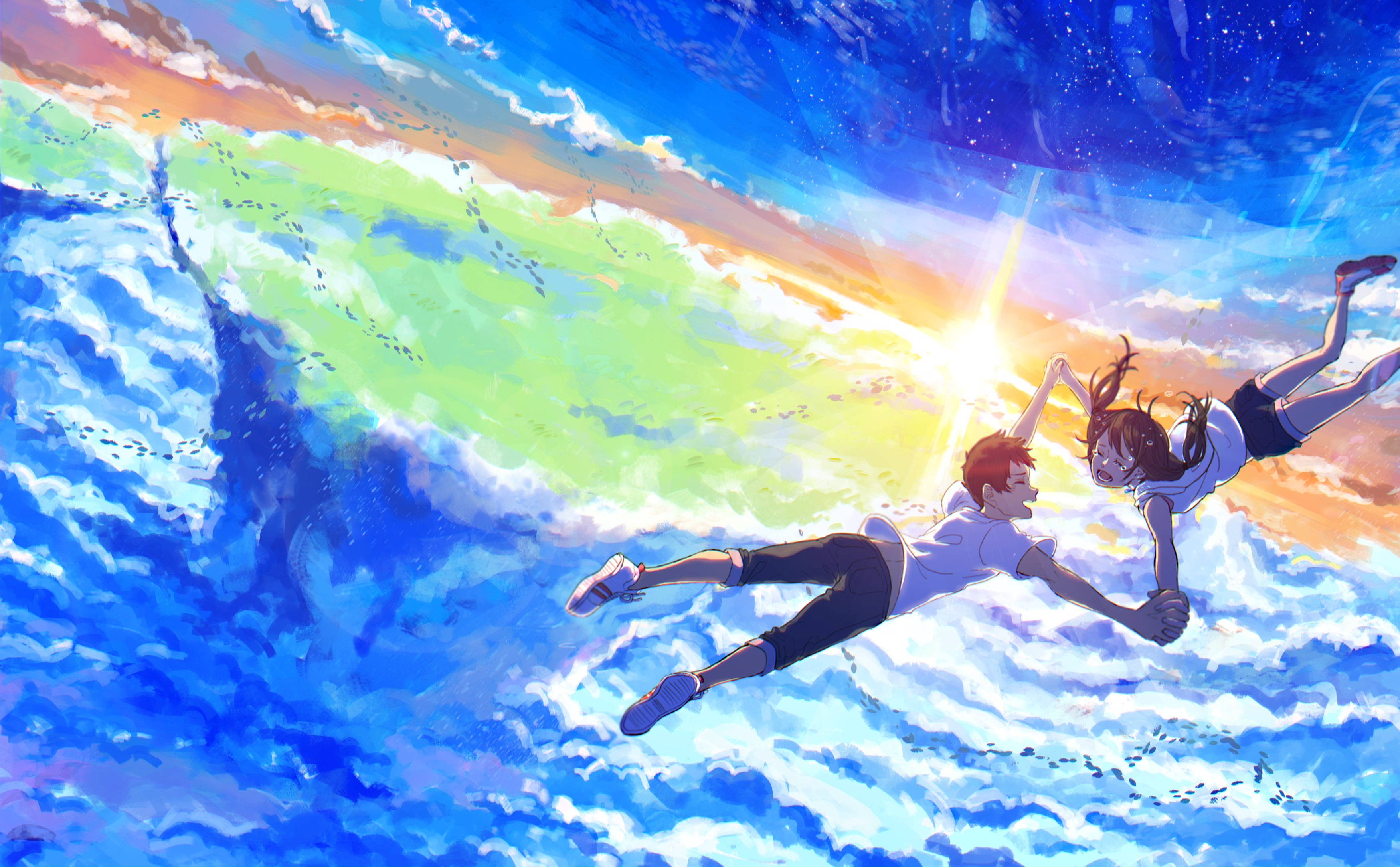Weathering With You, anime teens, vibrant sky, 2K Desktop Wallpaper