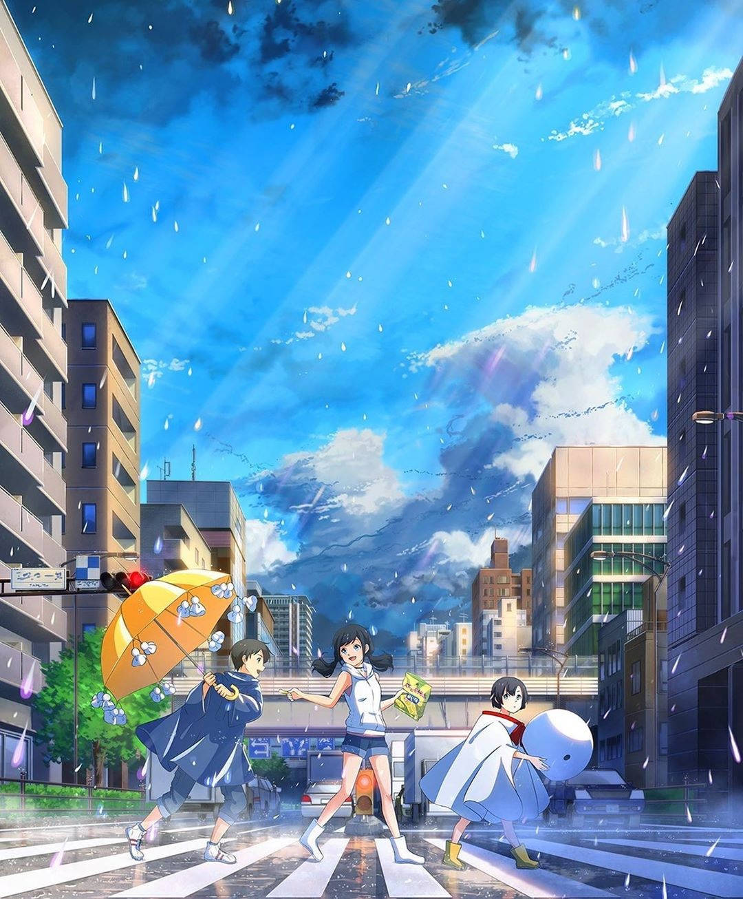Weathering With You, rainy city street, vibrant blue sky, HD Phone Wallpaper