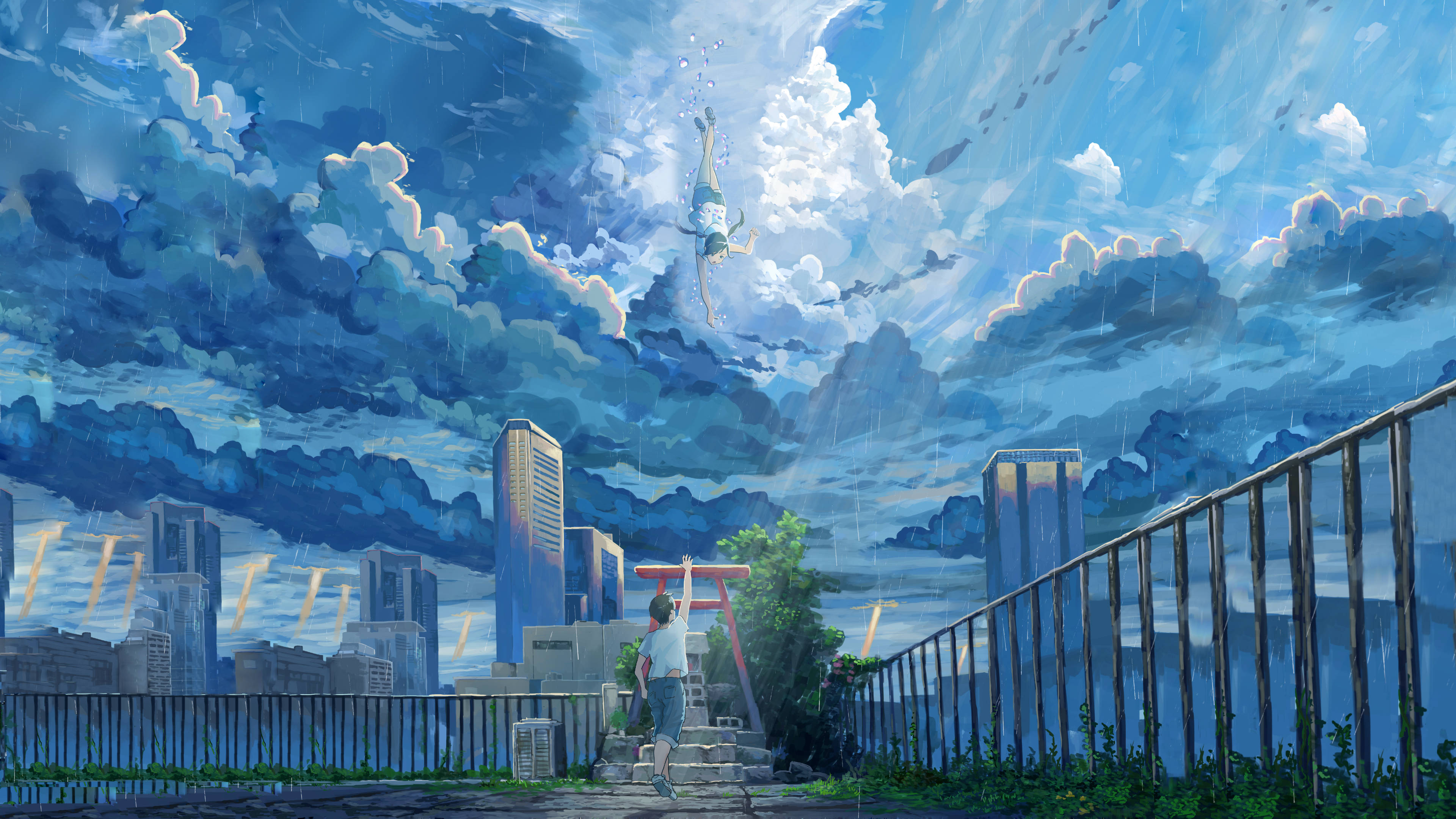 Weathering With You, torii gate, stormy blue skies, 4K Desktop Wallpaper