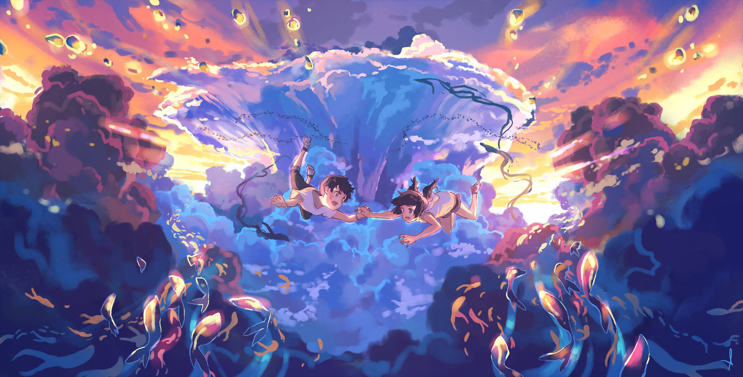Weathering With You, children, swirling vortex of clouds, Full HD Desktop Wallpaper