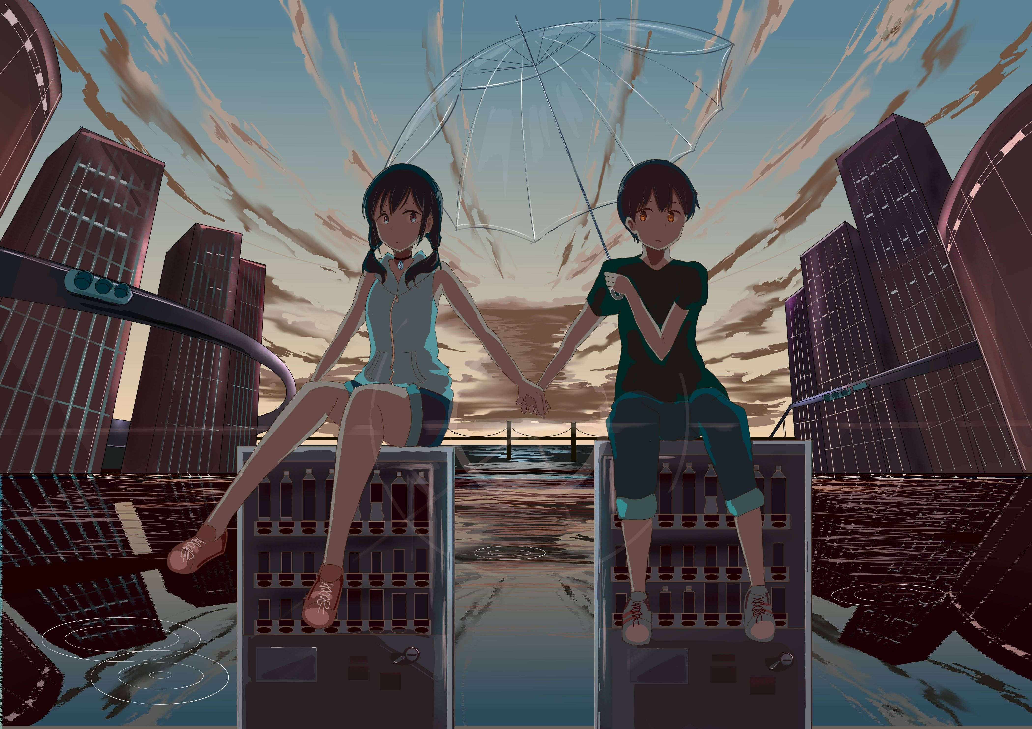 Weathering, holding hands, anime teens, 4K Desktop Wallpaper