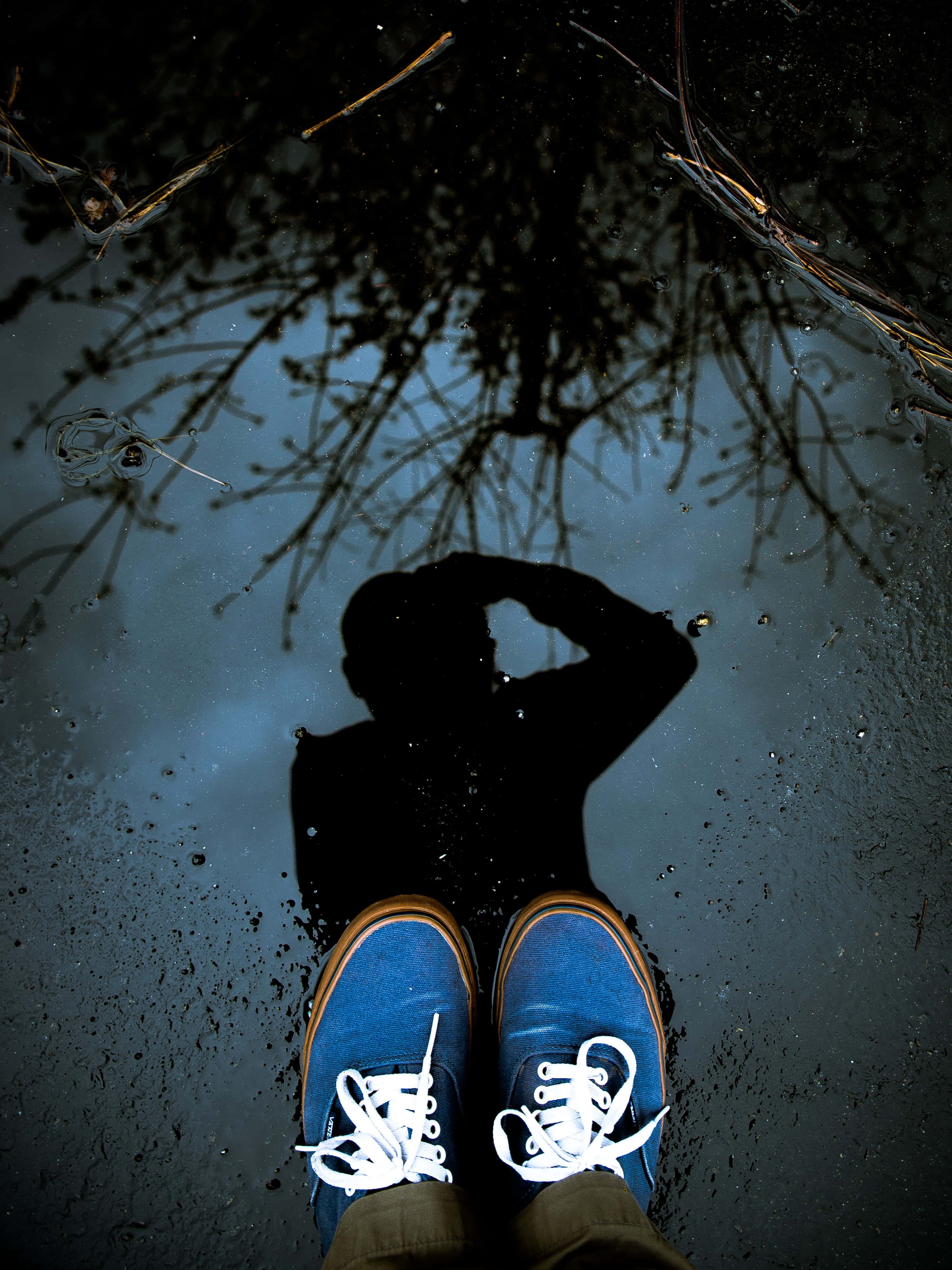 blue sneakers, dark puddle, twigs, 4K Phone Wallpaper