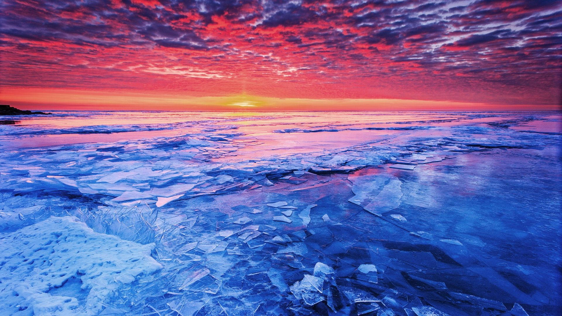 frozen sea, sunset, shattered ice, Full HD Desktop Wallpaper