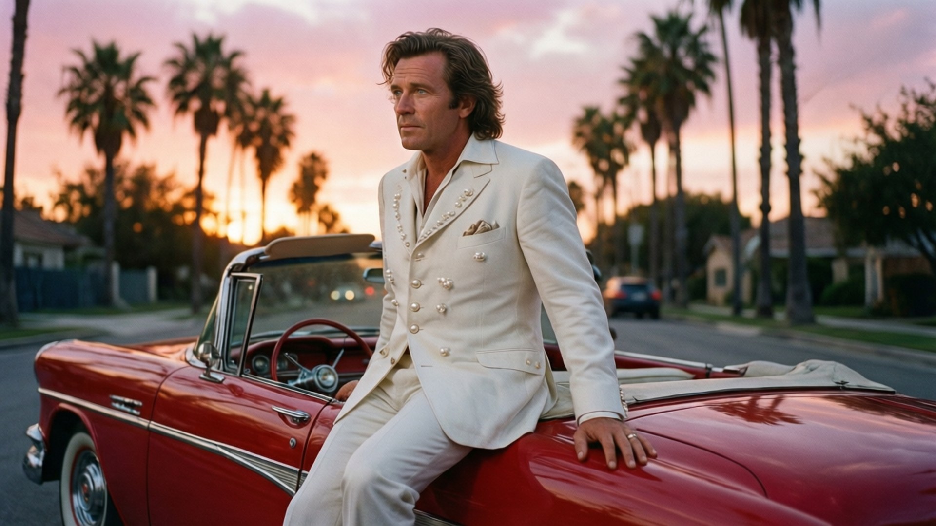 Webb Pierce, vintage red convertible, sunset, Full HD Desktop Wallpaper
